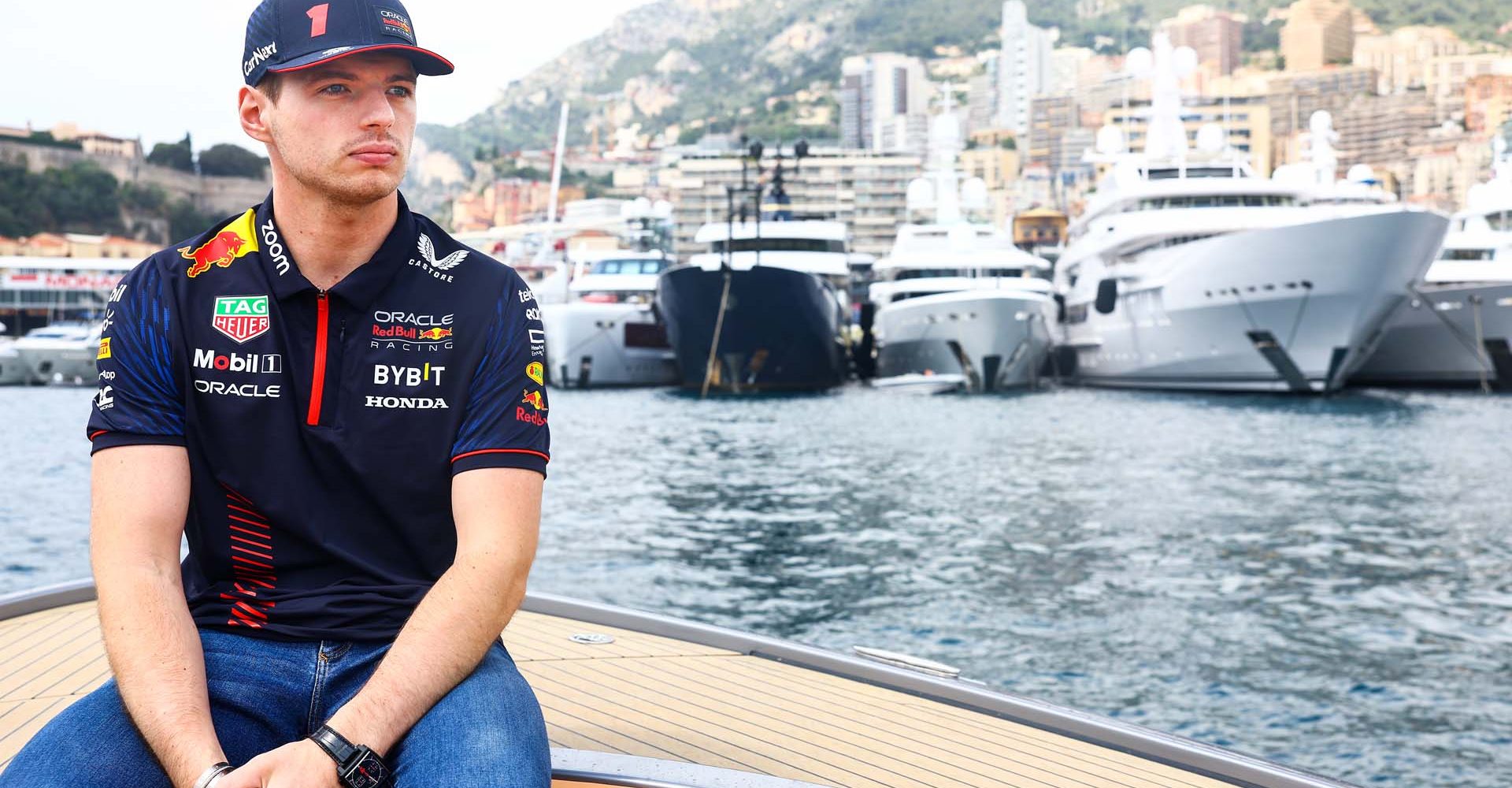 MONTE-CARLO, MONACO - MAY 25: Max Verstappen of the Netherlands and Oracle Red Bull Racing rides into the paddock on a boat during previews ahead of the F1 Grand Prix of Monaco at Circuit de Monaco on May 25, 2023 in Monte-Carlo, Monaco. (Photo by Mark Thompson/Getty Images)