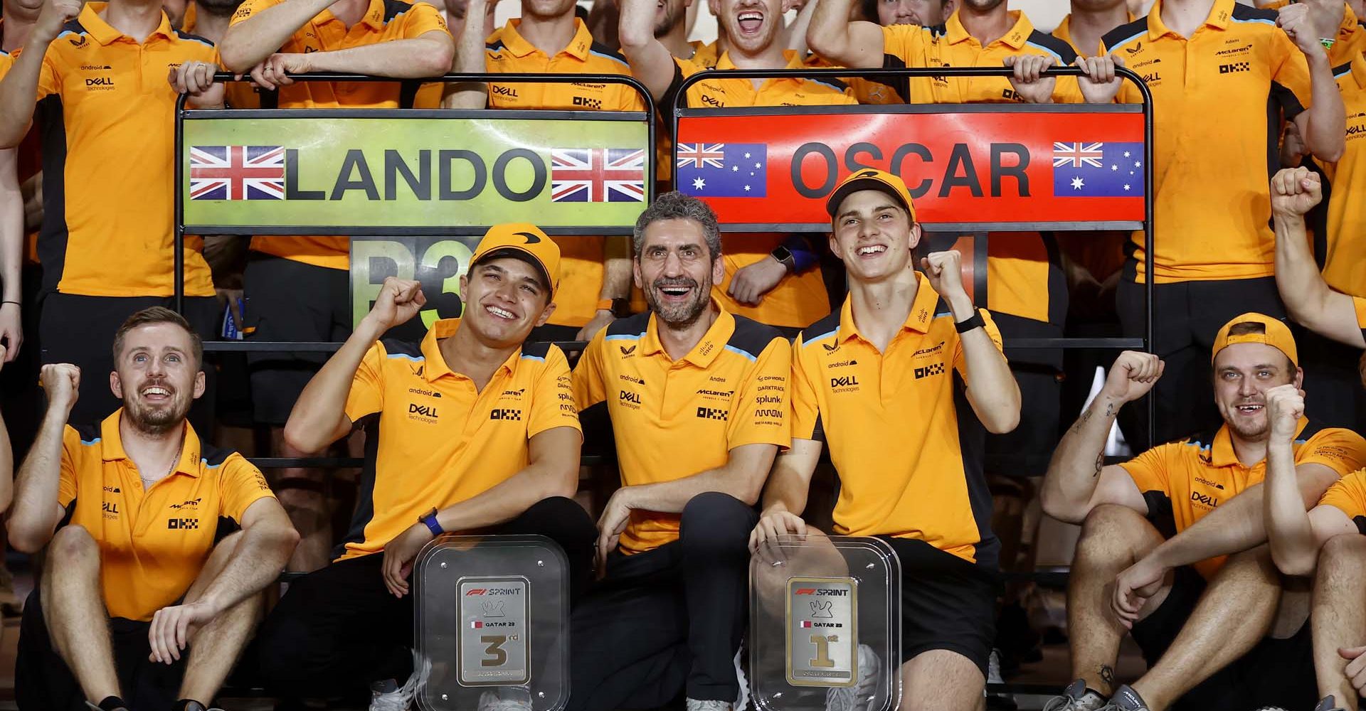 Lando Norris, McLaren, 3rd position, Andrea Stella, Team Principal, McLaren, Oscar Piastri, McLaren, 1st position, and the McLaren team celebrate after the Sprint race