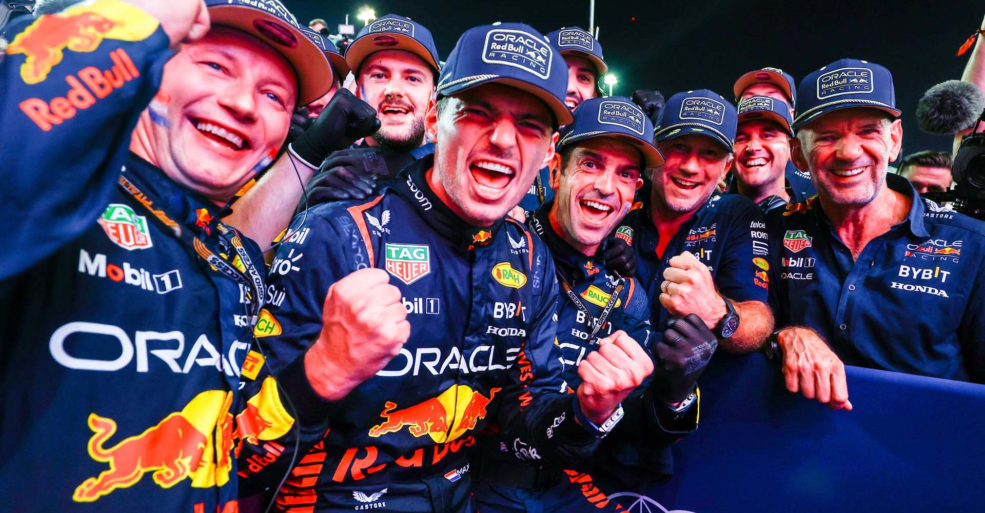 LUSAIL CITY, QATAR - OCTOBER 07: 2023 F1 World Drivers Champion Max Verstappen of the Netherlands and Oracle Red Bull Racing celebrates with his team in parc ferme after the Sprint ahead of the F1 Grand Prix of Qatar at Lusail International Circuit on October 07, 2023 in Lusail City, Qatar. (Photo by Mark Thompson/Getty Images) // Getty Images / Red Bull Content Pool // SI202310070496 // Usage for editorial use only //