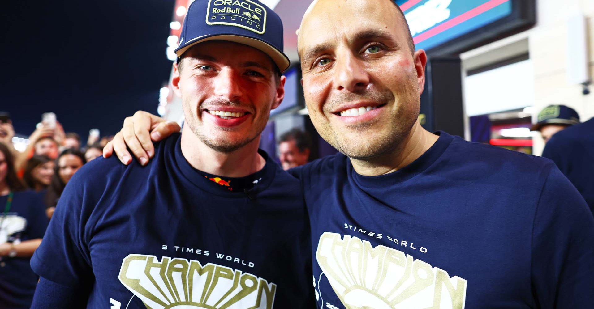 LUSAIL CITY, QATAR - OCTOBER 07: 2023 F1 World Drivers Champion Max Verstappen of the Netherlands and Oracle Red Bull Racing poses for a photo with race engineer Gianpiero Lambiase in the Pitlane after the Sprint ahead of the F1 Grand Prix of Qatar at Lusail International Circuit on October 07, 2023 in Lusail City, Qatar. (Photo by Mark Thompson/Getty Images) // Getty Images / Red Bull Content Pool // SI202310070633 // Usage for editorial use only //