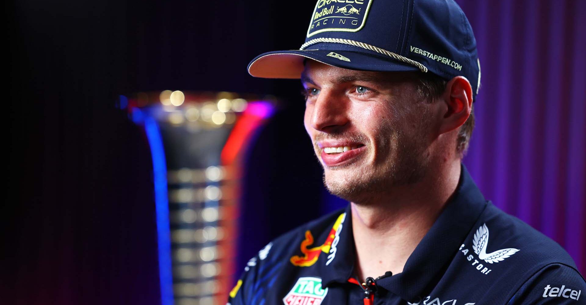 LUSAIL CITY, QATAR - OCTOBER 07: 2023 F1 World Drivers Champion Max Verstappen of the Netherlands and Oracle Red Bull Racing talks to the media in the Paddock after the Sprint ahead of the F1 Grand Prix of Qatar at Lusail International Circuit on October 07, 2023 in Lusail City, Qatar. (Photo by Mark Thompson/Getty Images) // Getty Images / Red Bull Content Pool // SI202310070645 // Usage for editorial use only //