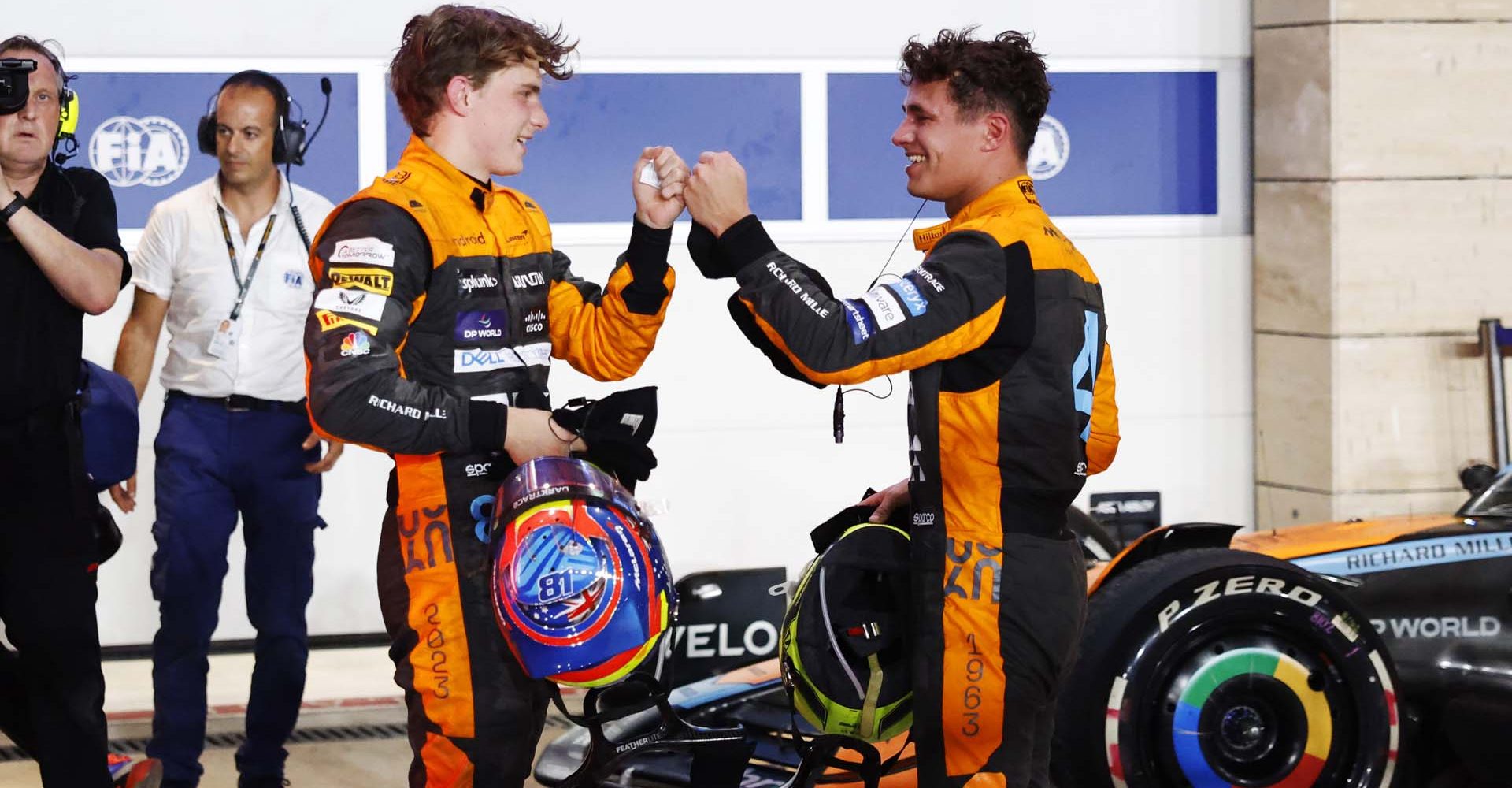 Oscar Piastri, McLaren, 2nd position, and Lando Norris, McLaren, 3rd position, congratulate each other after the race