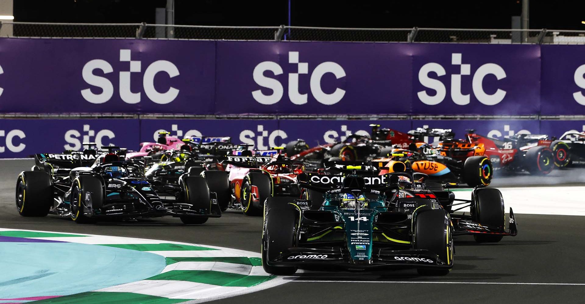 Start, action, Jeddah Corniche Circuit, GP2302a, F1, GP, Saudi Arabia
Fernando Alonso, Aston Martin AMR23, leads Sergio Perez, Red Bull Racing RB19, George Russell, Mercedes F1 W14, and the rest of the field on the opening lap