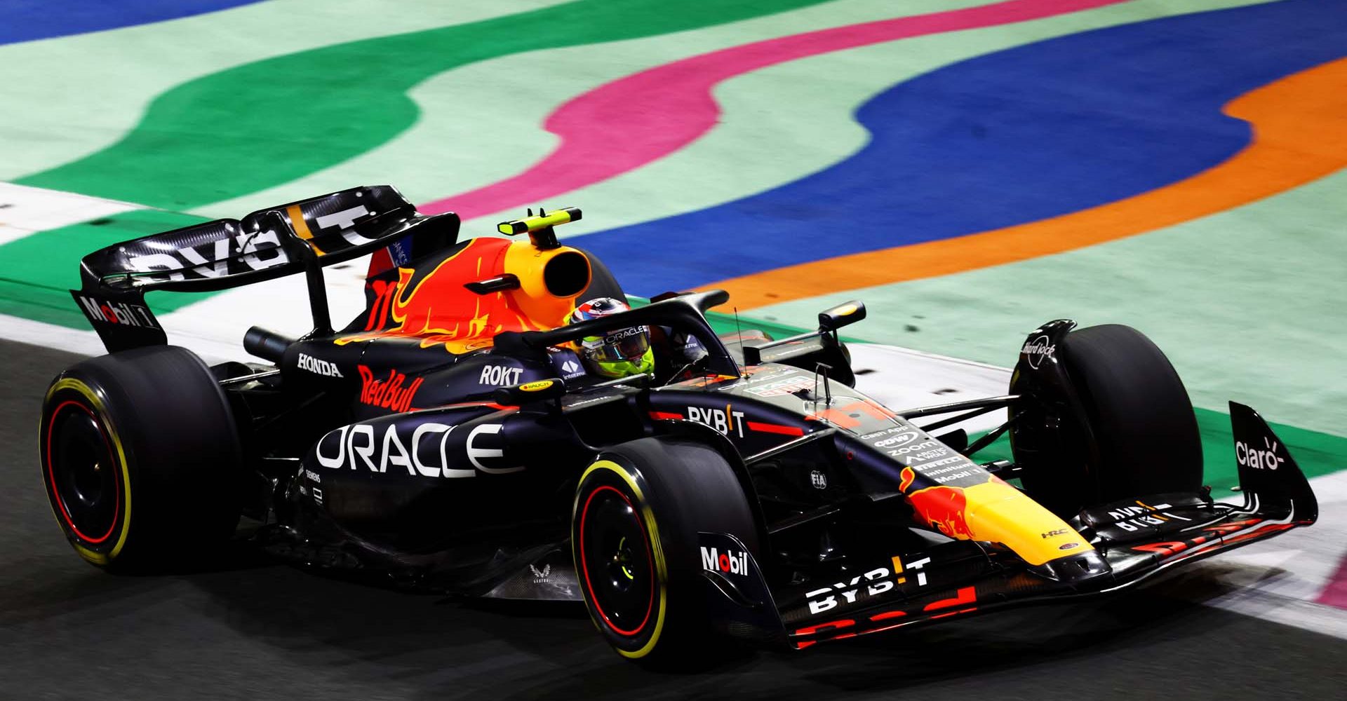 JEDDAH, SAUDI ARABIA - MARCH 19: Sergio Perez of Mexico driving the (11) Oracle Red Bull Racing RB19 on track during the F1 Grand Prix of Saudi Arabia at Jeddah Corniche Circuit on March 19, 2023 in Jeddah, Saudi Arabia. (Photo by Mark Thompson/Getty Images)