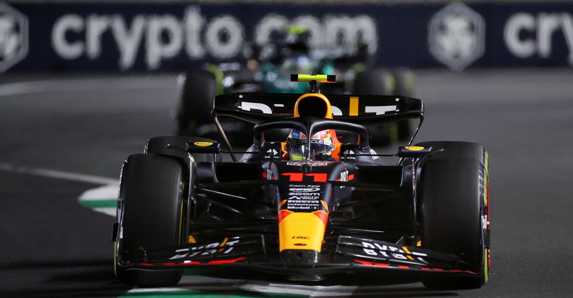 JEDDAH, SAUDI ARABIA - MARCH 19: Sergio Perez of Mexico driving the (11) Oracle Red Bull Racing RB19 on track during the F1 Grand Prix of Saudi Arabia at Jeddah Corniche Circuit on March 19, 2023 in Jeddah, Saudi Arabia. (Photo by Peter Fox/Getty Images)