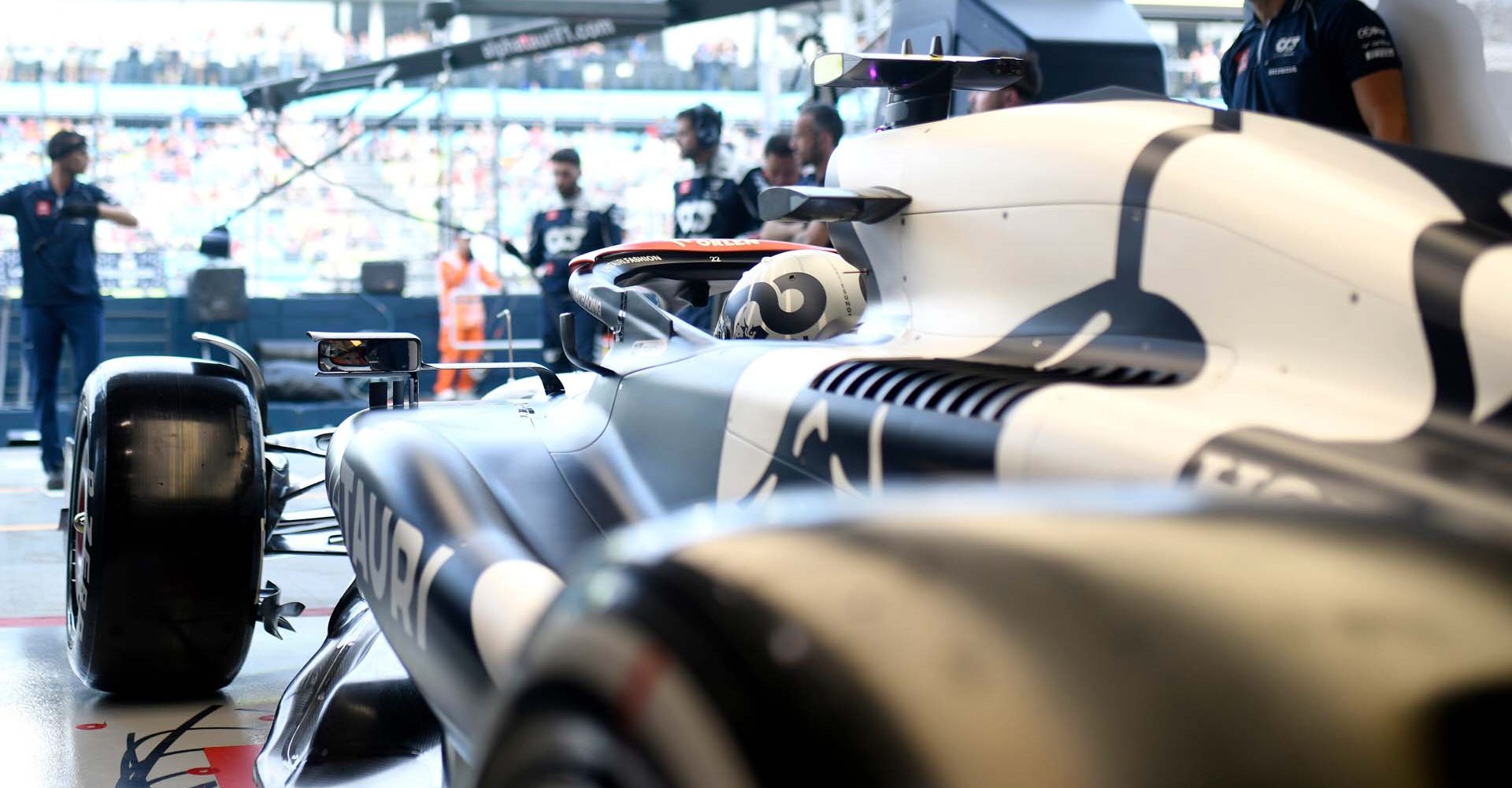 SINGAPORE, SINGAPORE - SEPTEMBER 15: Yuki Tsunoda of Japan and Scuderia AlphaTauri prepares to drive in the garage during practice ahead of the F1 Grand Prix of Singapore at Marina Bay Street Circuit on September 15, 2023 in Singapore, Singapore. (Photo by Rudy Carezzevoli/Getty Images) // Getty Images / Red Bull Content Pool // SI202309150498 // Usage for editorial use only //