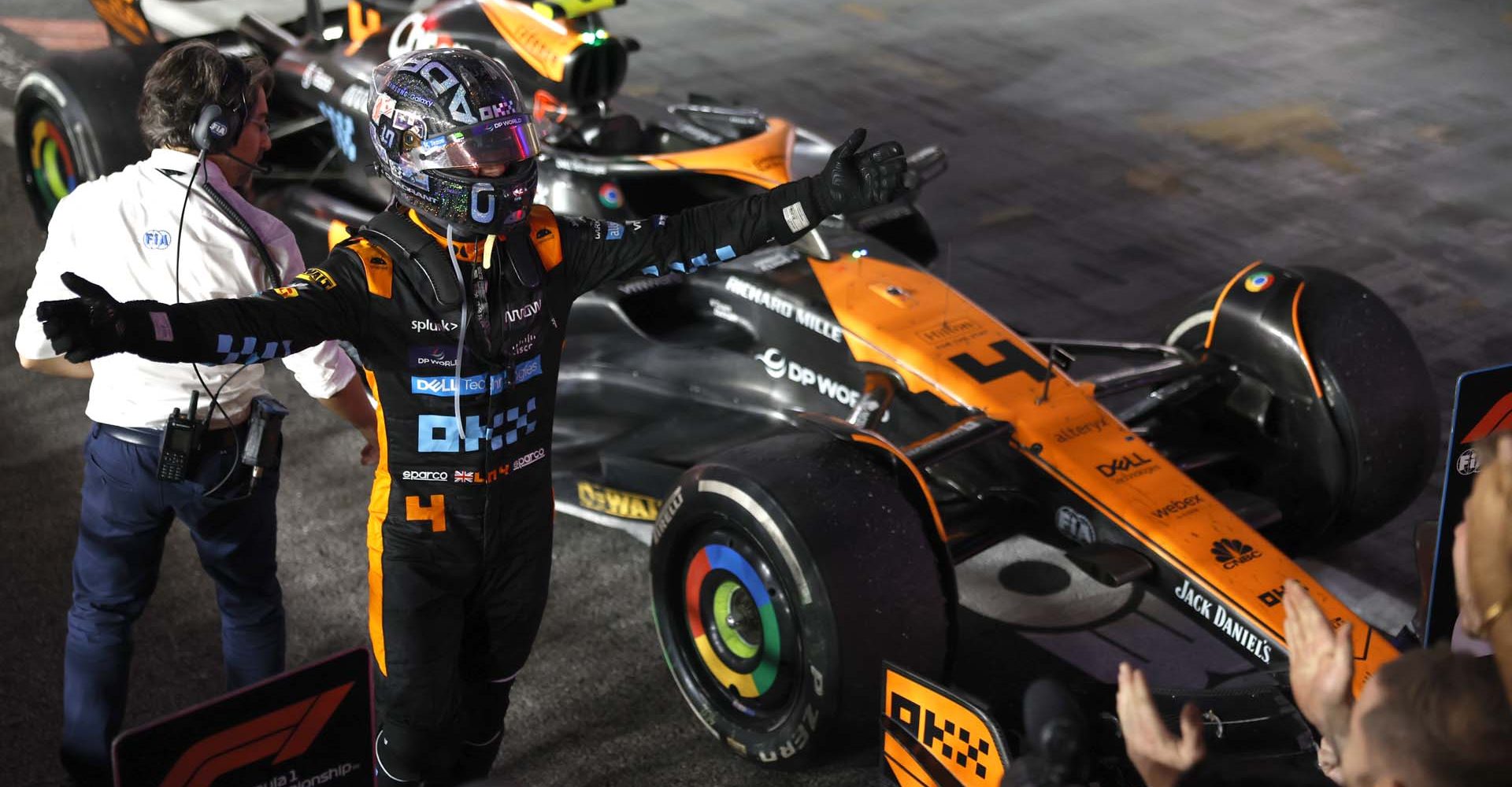 Lando Norris, McLaren, 2nd position, celebrates on arrival in Parc Ferme