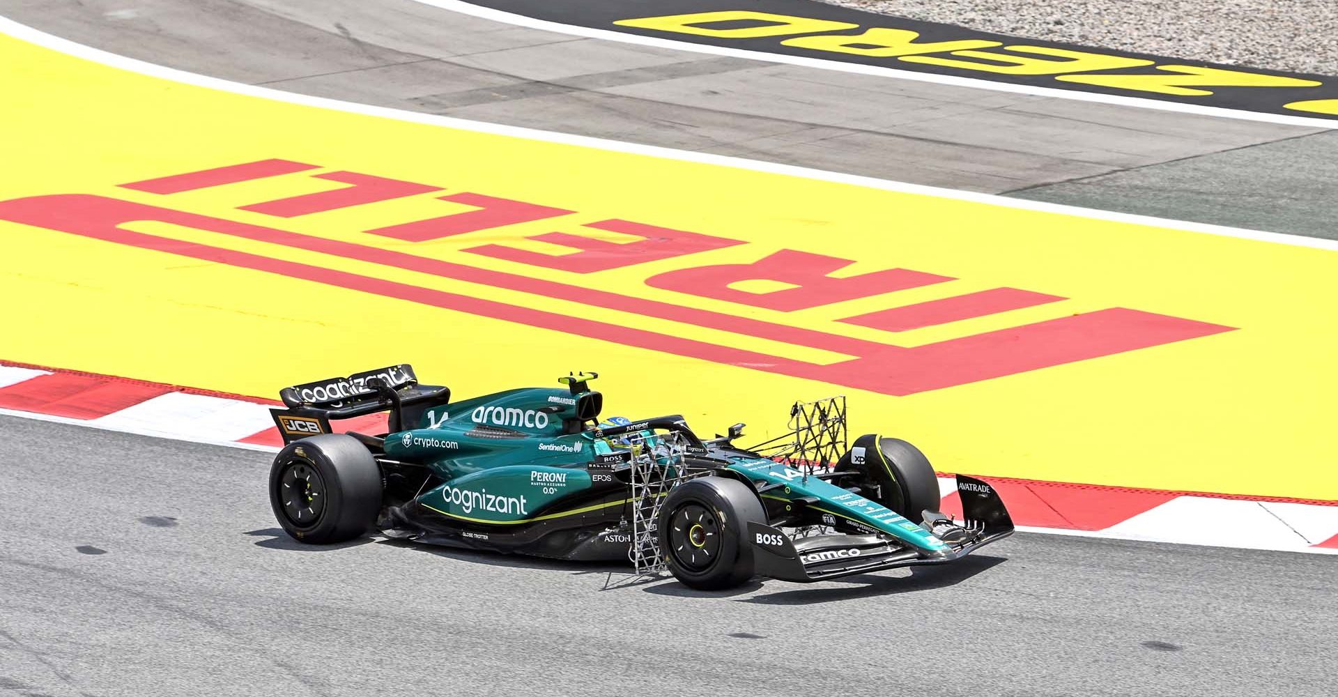 CIRCUIT DE BARCELONA-CATALUNYA, SPAIN - JUNE 02: Fernando Alonso, Aston Martin AMR23, with test equipment attached during the Spanish GP  at Circuit de Barcelona-Catalunya on Friday June 02, 2023 in Barcelona, Spain. (Photo by Mark Sutton / LAT Images)