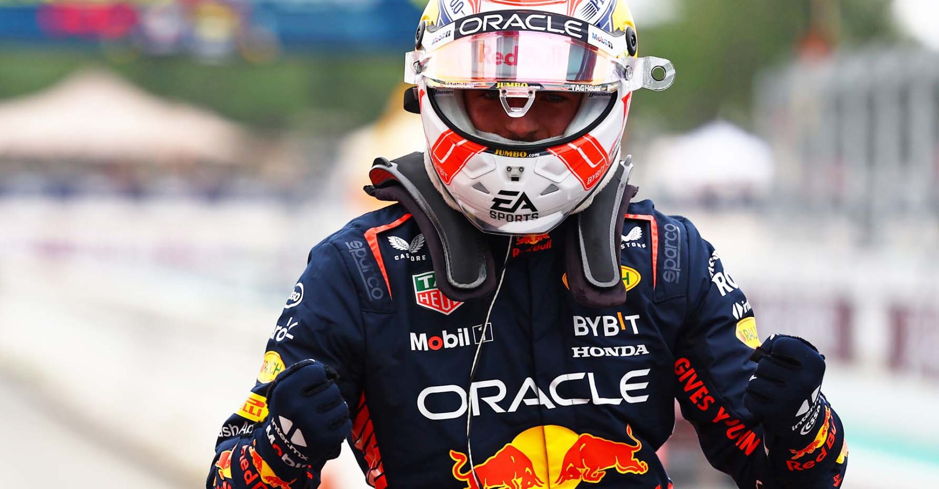 BARCELONA, SPAIN - JUNE 03: Pole position qualifier Max Verstappen of the Netherlands and Oracle Red Bull Racing celebrates in parc ferme during qualifying ahead of the F1 Grand Prix of Spain at Circuit de Barcelona-Catalunya on June 03, 2023 in Barcelona, Spain. (Photo by Mark Thompson/Getty Images)