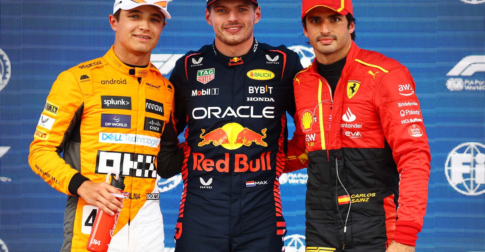 BARCELONA, SPAIN - JUNE 03: Pole position qualifier Max Verstappen of the Netherlands and Oracle Red Bull Racing (C), Second placed qualifier Carlos Sainz of Spain and Ferrari (R) and Third placed qualifier Lando Norris of Great Britain and McLaren (L) pose for a photo in parc ferme during qualifying ahead of the F1 Grand Prix of Spain at Circuit de Barcelona-Catalunya on June 03, 2023 in Barcelona, Spain. (Photo by Mark Thompson/Getty Images)