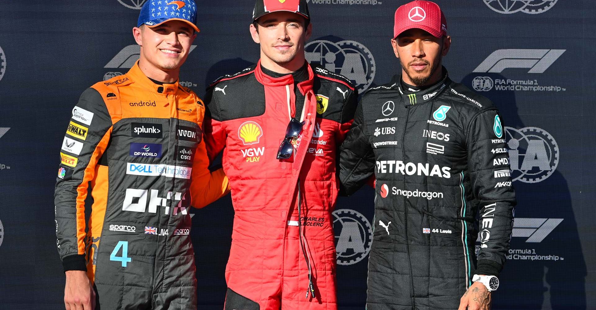 CIRCUIT OF THE AMERICAS, UNITED STATES OF AMERICA - OCTOBER 20: Lando Norris, McLaren, pole man Charles Leclerc, Scuderia Ferrari, and Sir Lewis Hamilton, Mercedes-AMG during the United States GP at Circuit of the Americas on Friday October 20, 2023 in Austin, United States of America. (Photo by Mark Sutton / LAT Images)