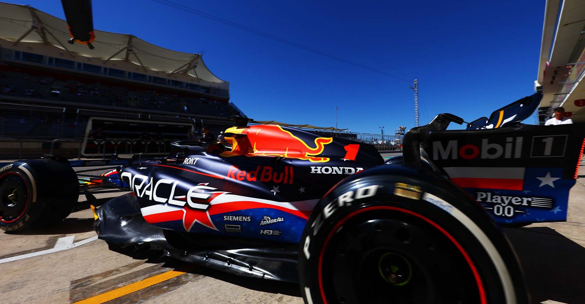 AUSTIN, TEXAS - OCTOBER 20: Max Verstappen of the Netherlands driving the (1) Oracle Red Bull Racing RB19 leaves the garage during practice ahead of the F1 Grand Prix of United States at Circuit of The Americas on October 20, 2023 in Austin, Texas. (Photo by Mark Thompson/Getty Images) // Getty Images / Red Bull Content Pool // SI202310200766 // Usage for editorial use only //