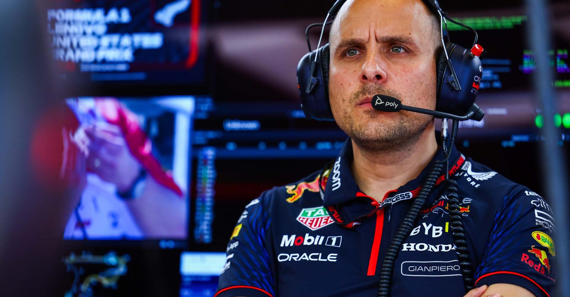 AUSTIN, TEXAS - OCTOBER 20: Red Bull Racing race engineer Gianpiero Lambiase looks on in the garage during practice ahead of the F1 Grand Prix of United States at Circuit of The Americas on October 20, 2023 in Austin, Texas. (Photo by Mark Thompson/Getty Images) // Getty Images / Red Bull Content Pool // SI202310200767 // Usage for editorial use only //