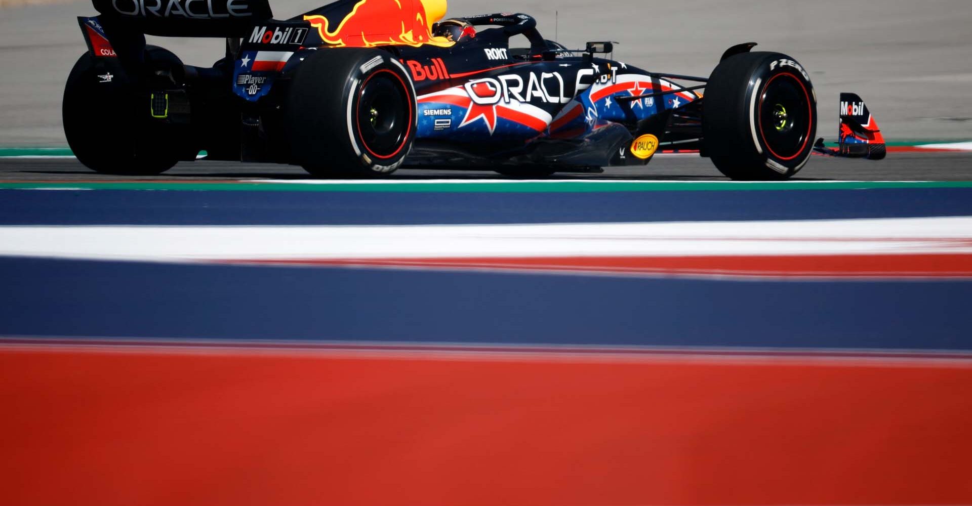 AUSTIN, TEXAS - OCTOBER 20: Max Verstappen of the Netherlands driving the (1) Oracle Red Bull Racing RB19 on track during practice ahead of the F1 Grand Prix of United States at Circuit of The Americas on October 20, 2023 in Austin, Texas. (Photo by Chris Graythen/Getty Images) // Getty Images / Red Bull Content Pool // SI202310200865 // Usage for editorial use only //