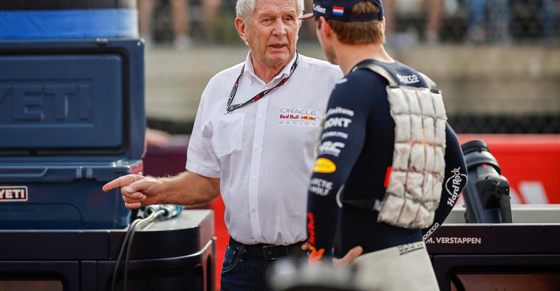 AUSTIN, TEXAS - OCTOBER 21: Red Bull Racing Team Consultant Dr Helmut Marko talks with Max Verstappen of the Netherlands and Oracle Red Bull Racing on the grid prior to the Sprint ahead of the F1 Grand Prix of United States at Circuit of The Americas on October 21, 2023 in Austin, Texas. (Photo by Chris Graythen/Getty Images) // Getty Images / Red Bull Content Pool // SI202310220026 // Usage for editorial use only //