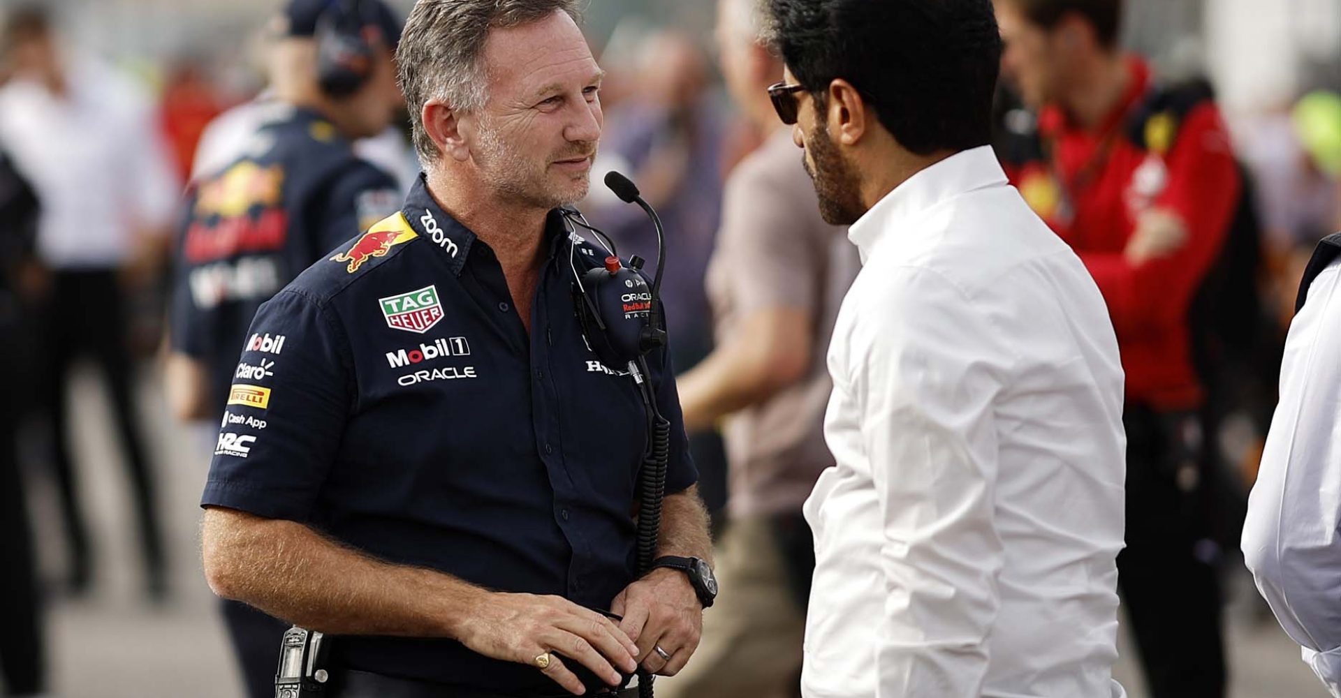 AUSTIN, TEXAS - OCTOBER 21: Red Bull Racing Team Principal Christian Horner talks with Mohammed ben Sulayem, FIA President, on the grid during the Sprint ahead of the F1 Grand Prix of United States at Circuit of The Americas on October 21, 2023 in Austin, Texas. (Photo by Chris Graythen/Getty Images)