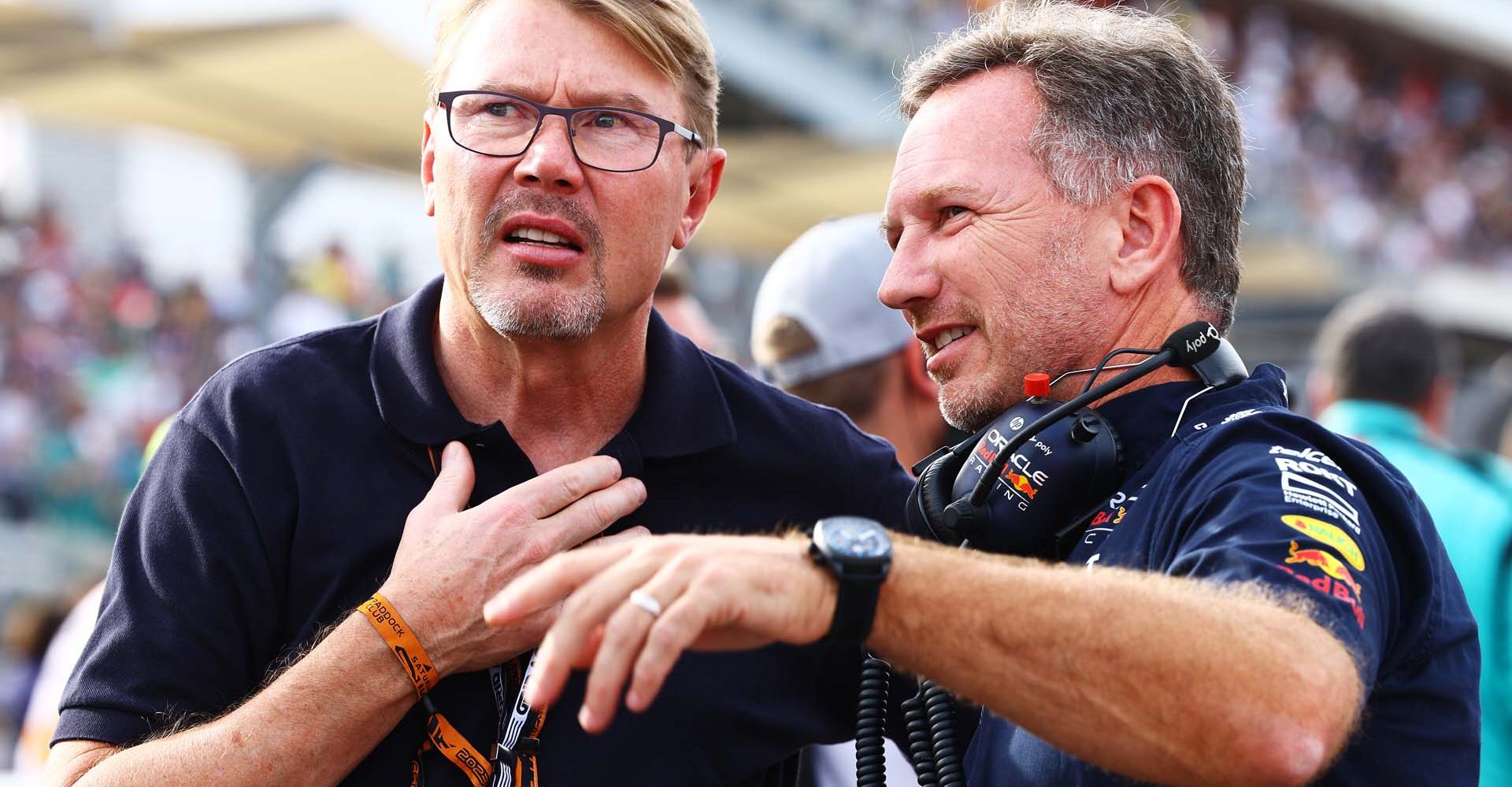 AUSTIN, TEXAS - OCTOBER 21: Red Bull Racing Team Principal Christian Horner talks with Mika Hakkinen on the grid during the Sprint ahead of the F1 Grand Prix of United States at Circuit of The Americas on October 21, 2023 in Austin, Texas. (Photo by Mark Thompson/Getty Images) // Getty Images / Red Bull Content Pool // SI202310220182 // Usage for editorial use only //