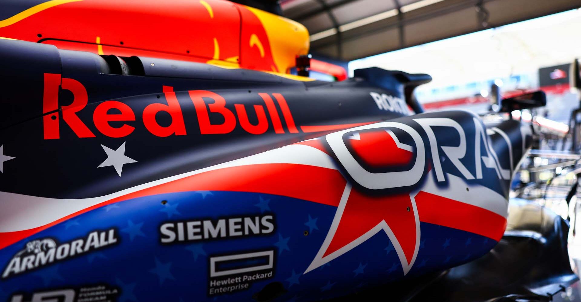 AUSTIN, TEXAS - OCTOBER 19: The special edition Red Bull Racing livery is pictured in the garage during previews ahead of the F1 Grand Prix of United States at Circuit of The Americas on October 19, 2023 in Austin, Texas. (Photo by Mark Thompson/Getty Images) // Getty Images / Red Bull Content Pool // SI202310200026 // Usage for editorial use only //