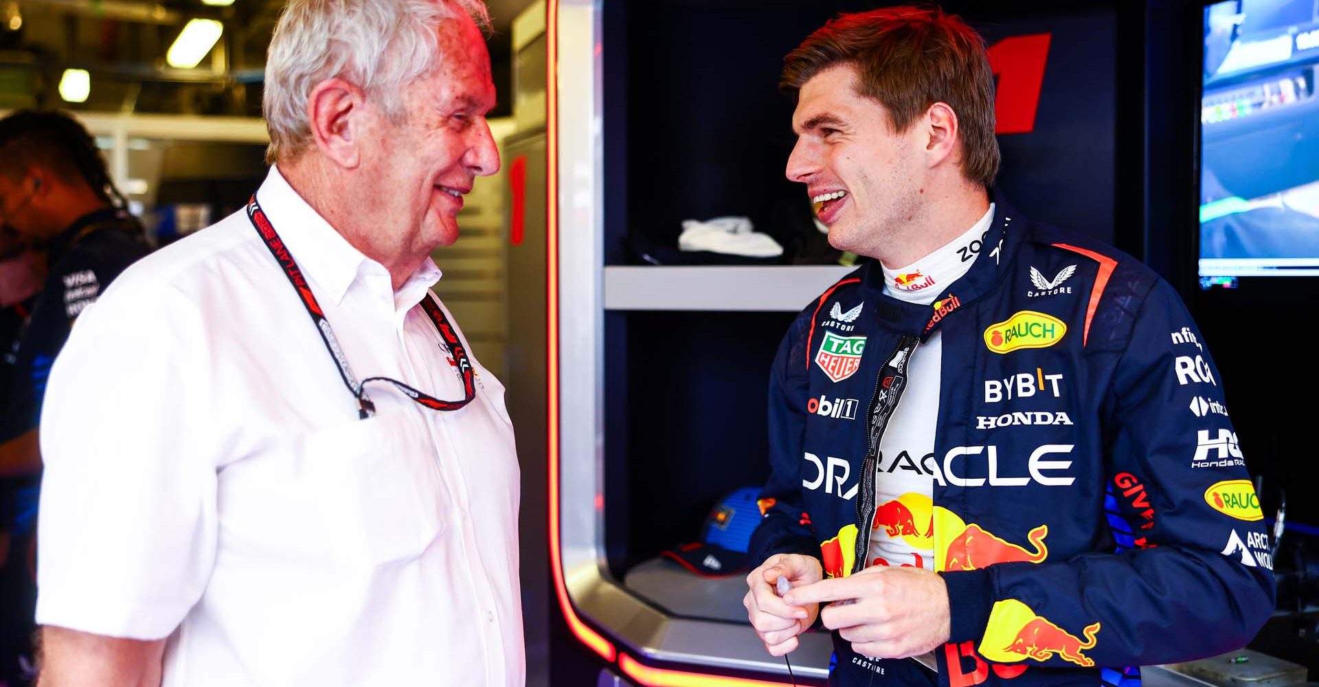 ABU DHABI, UNITED ARAB EMIRATES - DECEMBER 06: Max Verstappen of the Netherlands and Oracle Red Bull Racing talks with Oracle Red Bull Racing Team Consultant Dr Helmut Marko in the garage during practice ahead of the F1 Grand Prix of Abu Dhabi at Yas Marina Circuit on December 06, 2024 in Abu Dhabi, United Arab Emirates. (Photo by Mark Thompson/Getty Images) // Getty Images / Red Bull Content Pool // SI202412060604 // Usage for editorial use only //