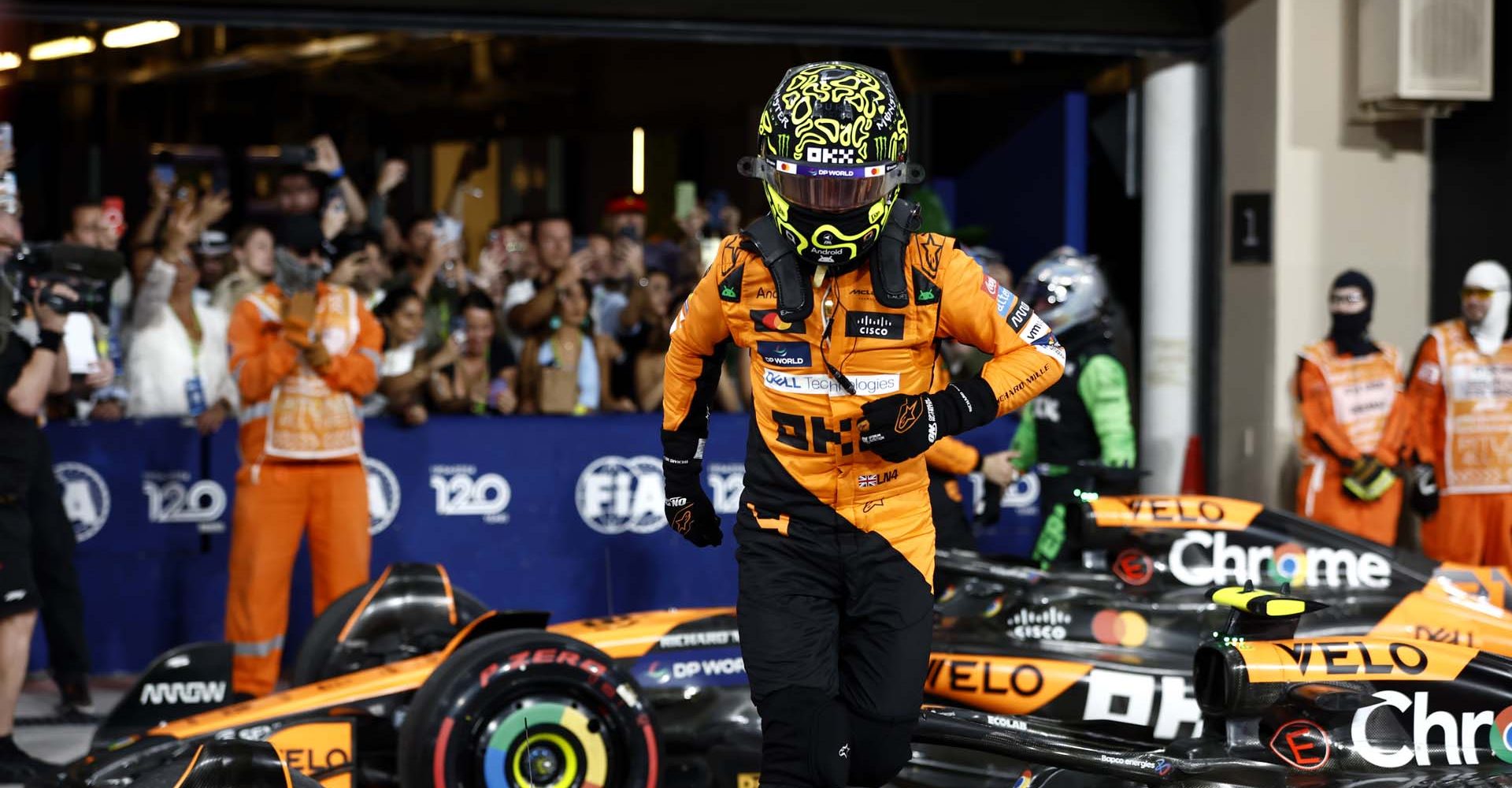 Pole man Lando Norris, McLaren F1 Team, arrives in Parc Ferme