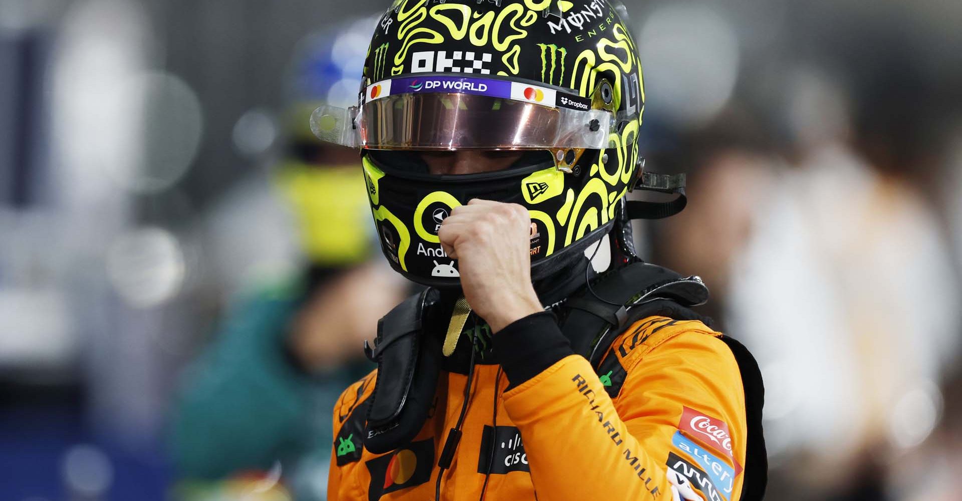 Lando Norris, McLaren F1 Team, celebrates in Parc Ferme after securing pole