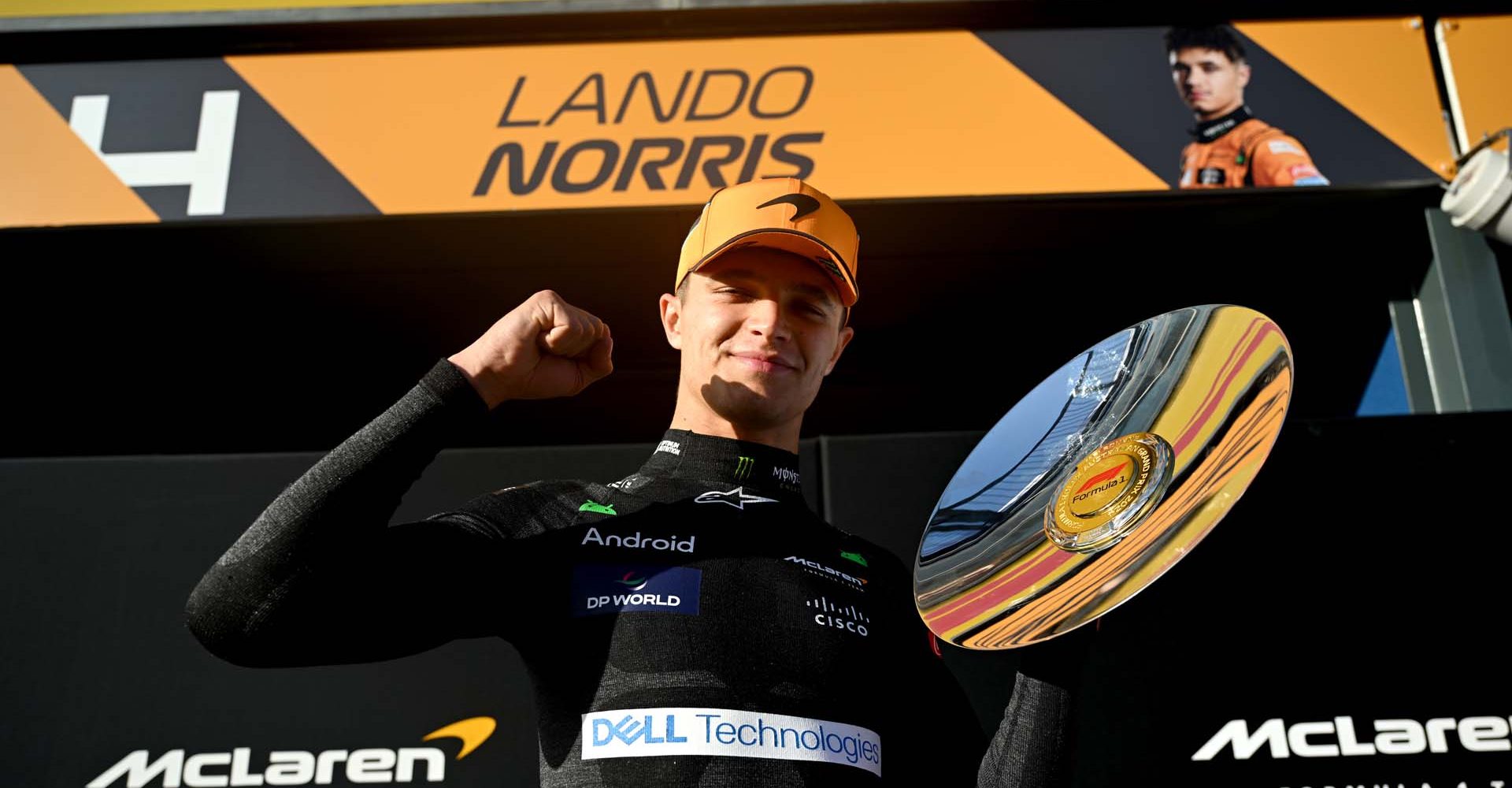 Lando Norris, McLaren F1 Team, 3rd position, with his trophy