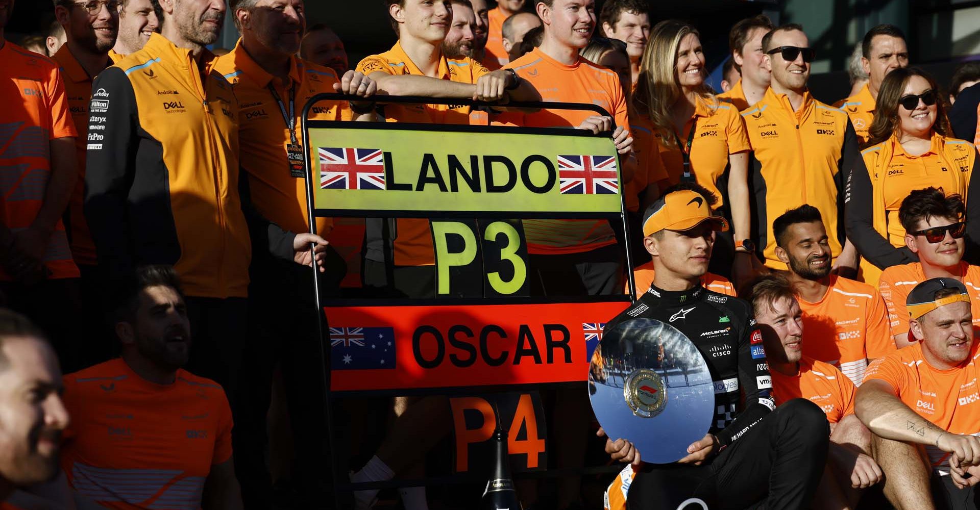 Andrea Stella, Team Principal, McLaren F1 Team, Zak Brown, CEO, McLaren Racing, Oscar Piastri, McLaren F1 Team, Lando Norris, McLaren F1 Team, 3rd position, and the McLaren team celebrate after the race