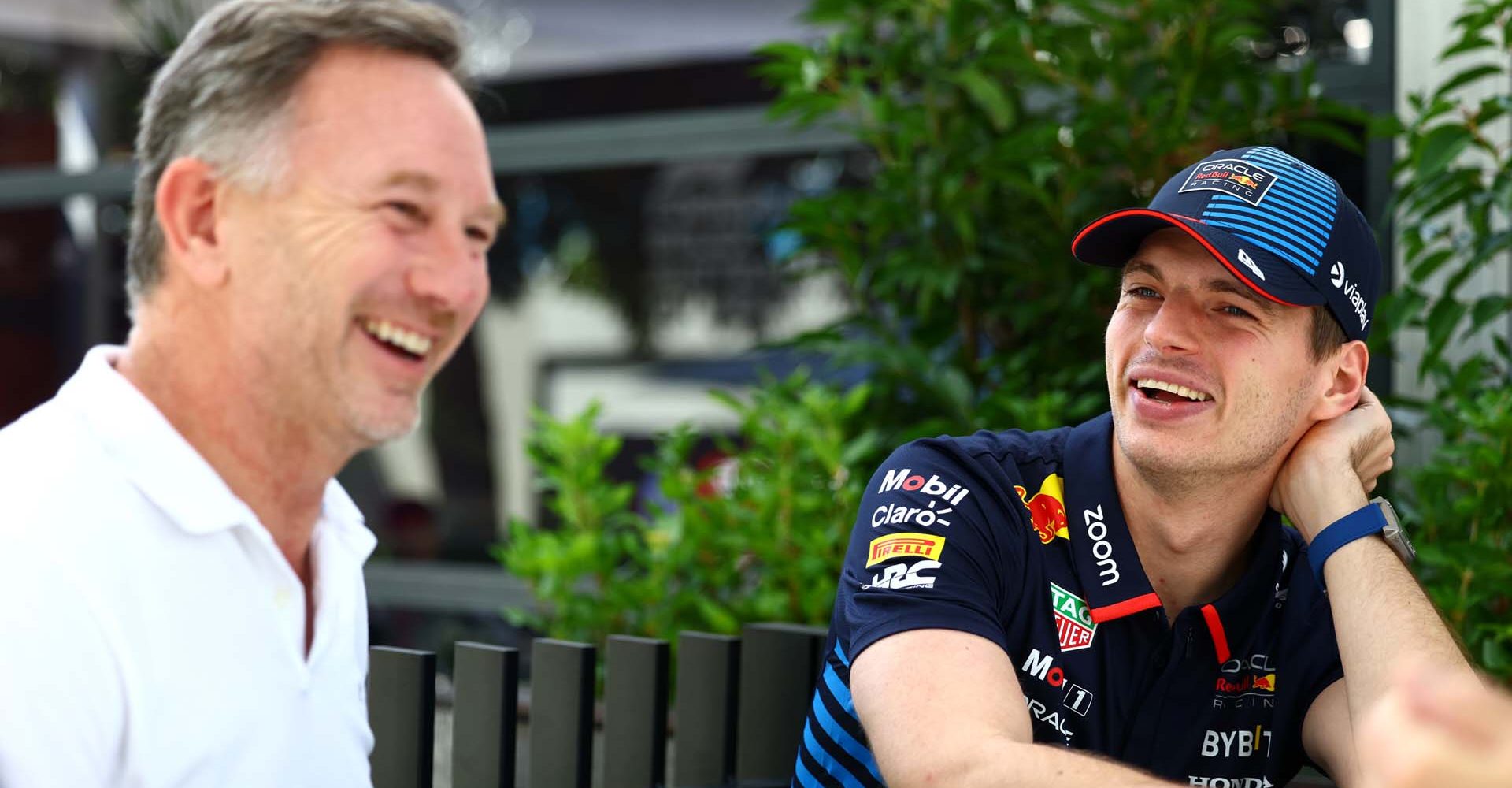 MELBOURNE, AUSTRALIA - MARCH 21: Oracle Red Bull Racing Team Principal Christian Horner and Max Verstappen of the Netherlands and Oracle Red Bull Racing talk in the Paddock during previews ahead of the F1 Grand Prix of Australia at Albert Park Circuit on March 21, 2024 in Melbourne, Australia. (Photo by Mark Thompson/Getty Images) // Getty Images / Red Bull Content Pool // SI202403210076 // Usage for editorial use only //