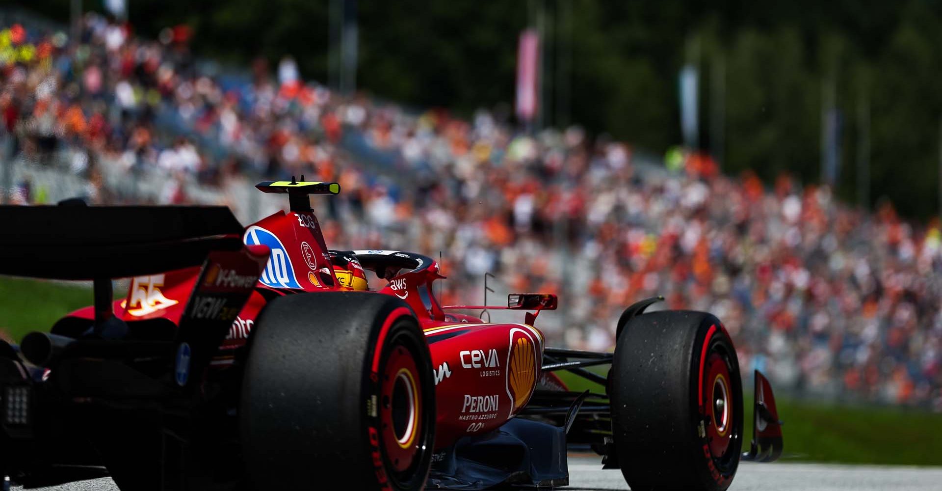 55 SAINZ Carlos (spa), Scuderia Ferrari SF-24, action during the Formula 1 Qatar Airways Austrian Grand Prix 2024, 11th round of the 2024 Formula One World Championship from June 28 to 30, 2024 on the Red Bull Ring, in Spielberg, Austria - Photo Florent Gooden / DPPI