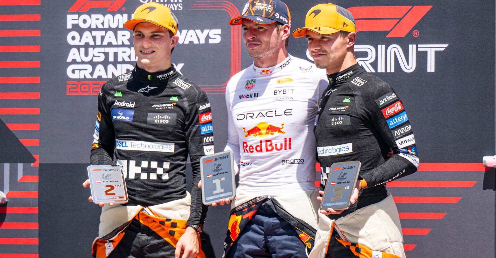 Max Verstappen first , Oscar Piastri second , Lando Norris third on the Sprint race Podium during the FIA Formula One World Championship at the Red Bull Ring in Spielberg, Austria on June 29, 2024 // Michael Jurtin / Red Bull Ring // SI202406290362 // Usage for editorial use only //