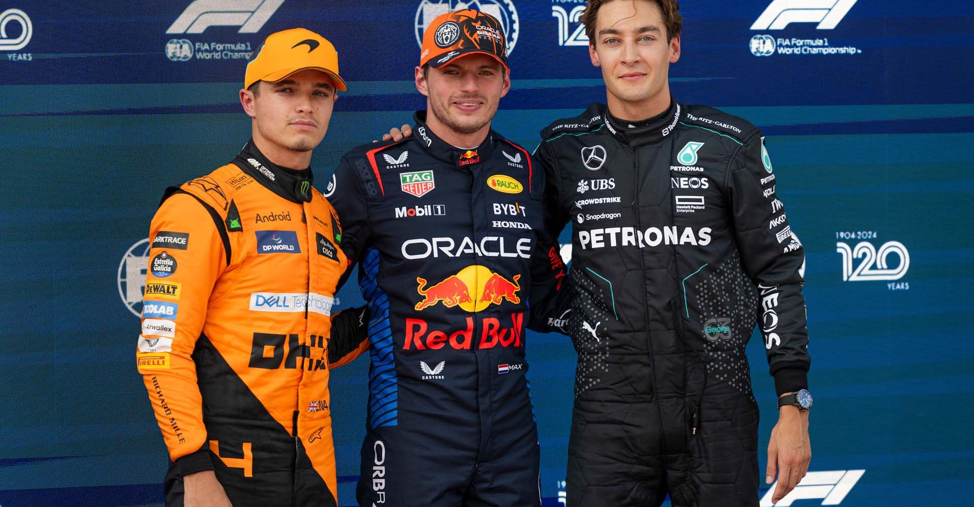 Lando Norris, Max Verstappen and George Russel seen during the FIA Formula1 World Championship seen at the Red Bull Ring in Spielberg, Austria on June 29, 2024. // Joerg Mitter / Red Bull Ring // SI202406291049 // Usage for editorial use only //