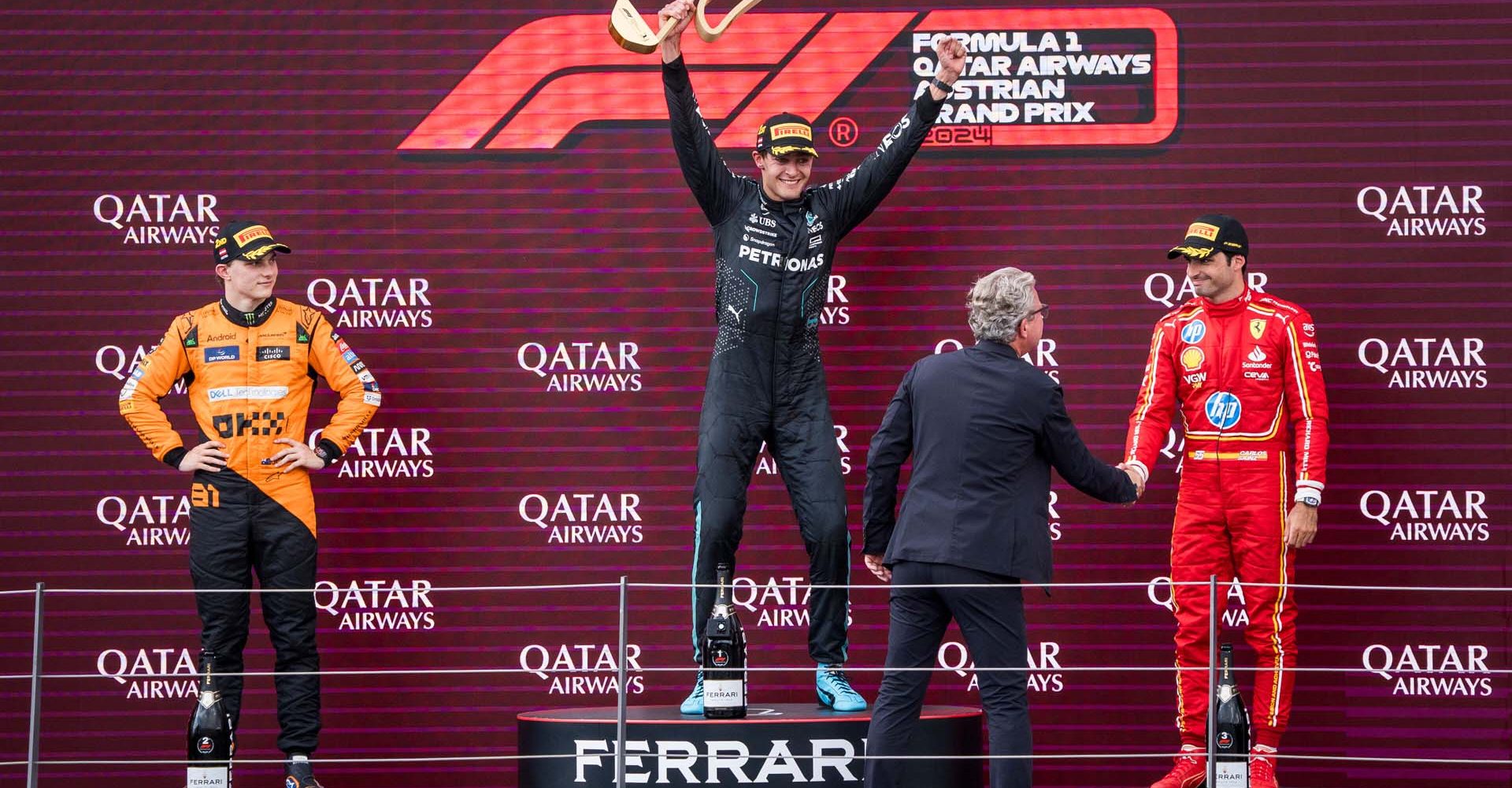 Winner George Russell celebrates during the FIA Formula One World Championship at the Red Bull Ring in Spielberg, Austria on June 30, 2024 // Philip Platzer / Red Bull Ring // SI202406300717 // Usage for editorial use only //