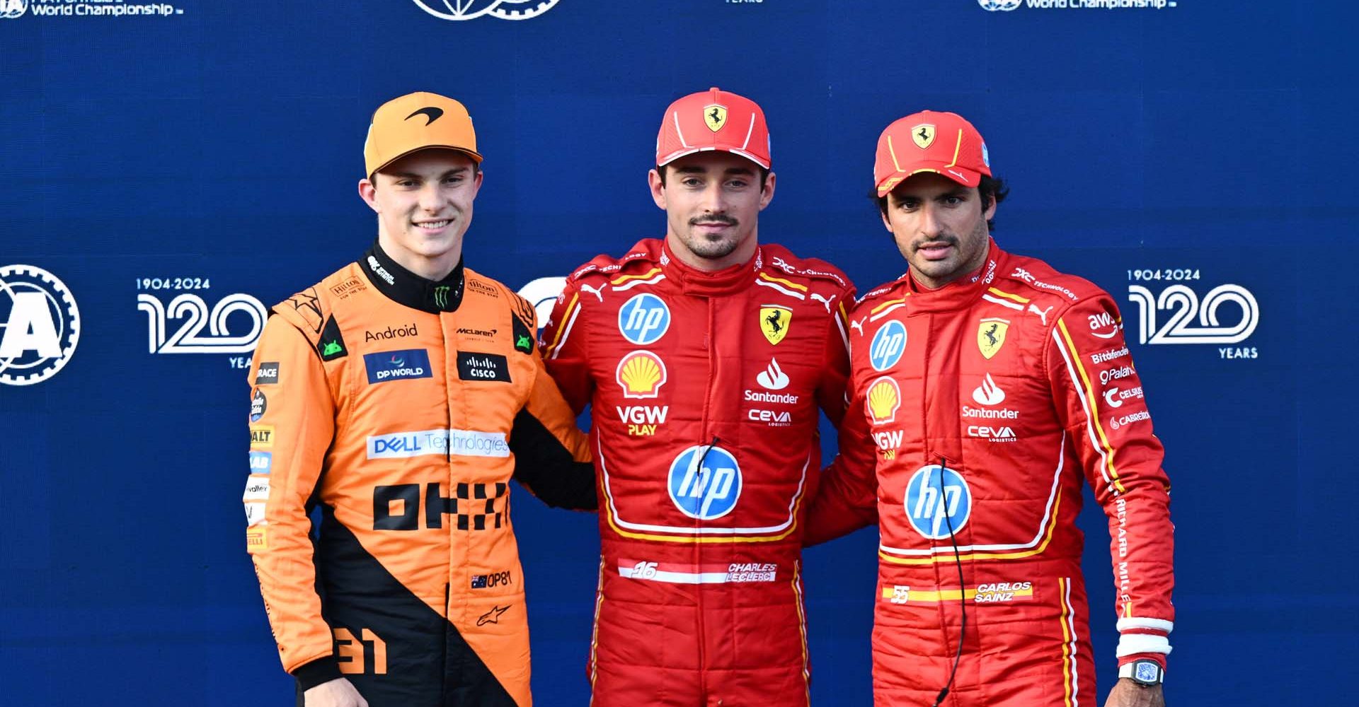 Top three qualifiers Pole man Charles Leclerc, Scuderia Ferrari, Oscar Piastri, McLaren F1 Team, and Carlos Sainz, Scuderia Ferrari