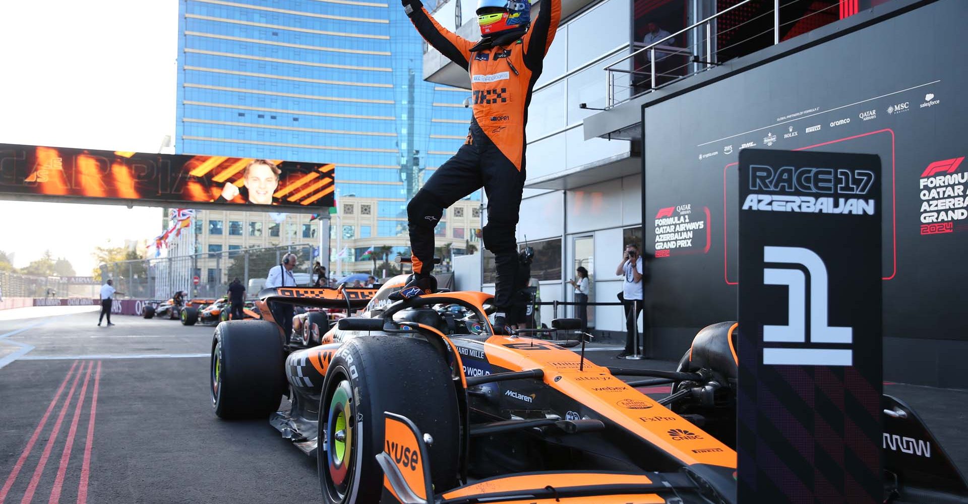 Oscar Piastri, McLaren F1 Team, 1st position, celebrates on arrival in Parc Ferme