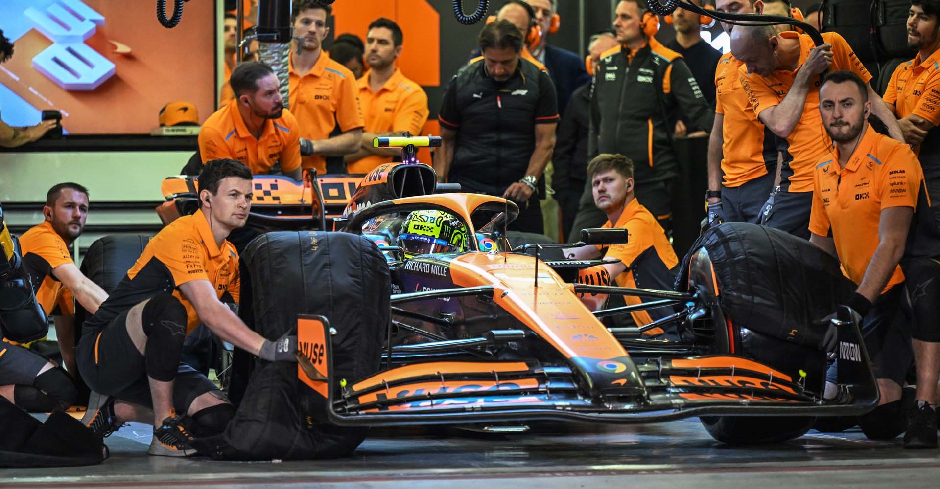 Lando Norris, McLaren MCL38, prepares to leave the garage