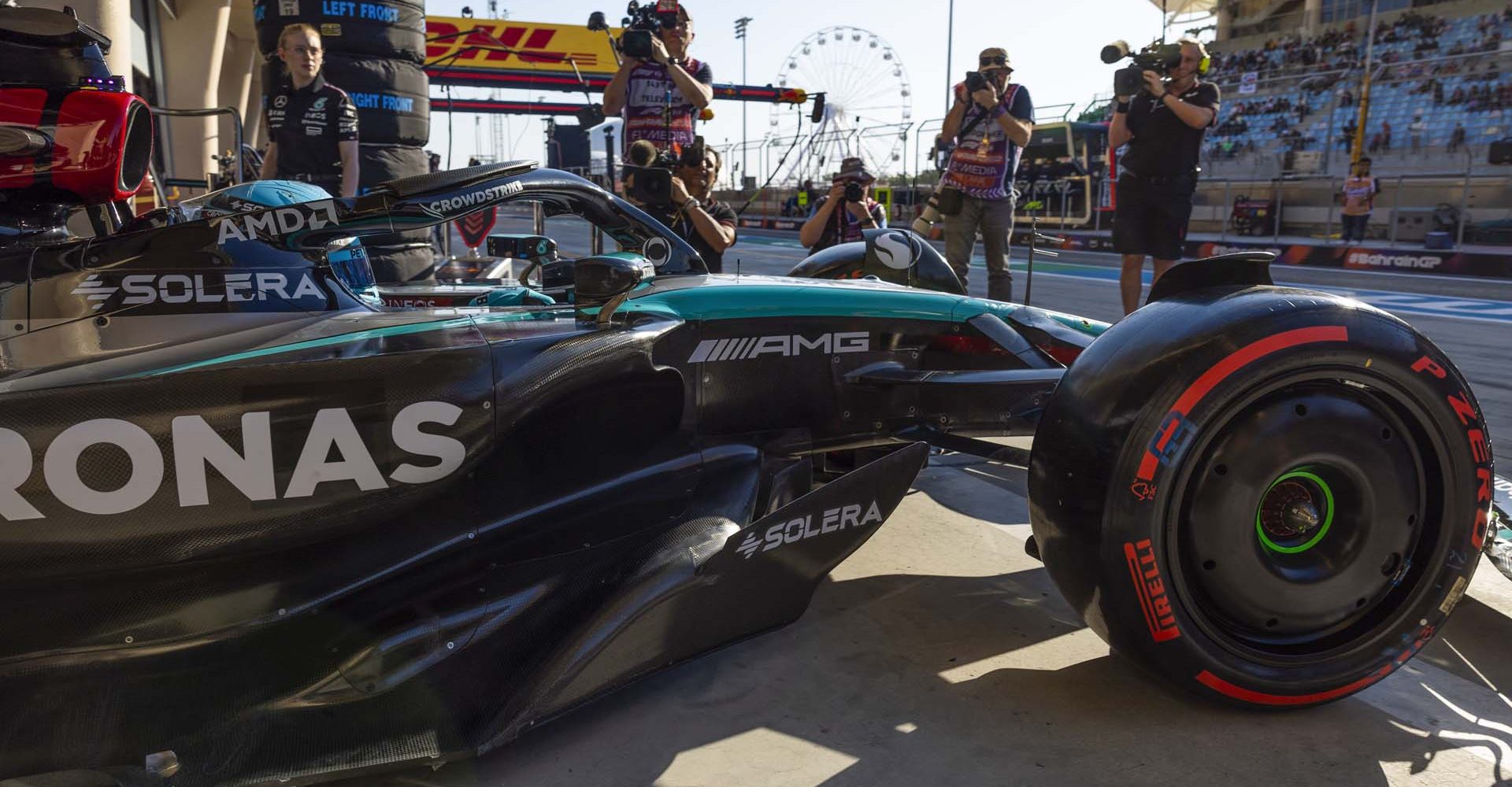 BAHRAIN INTERNATIONAL CIRCUIT, BAHRAIN - MARCH 01: George Russell, Mercedes F1 W15 during the Bahrain GP at Bahrain International Circuit on Friday March 01, 2024 in Sakhir, Bahrain. (Photo by Sam Bloxham / LAT Images)