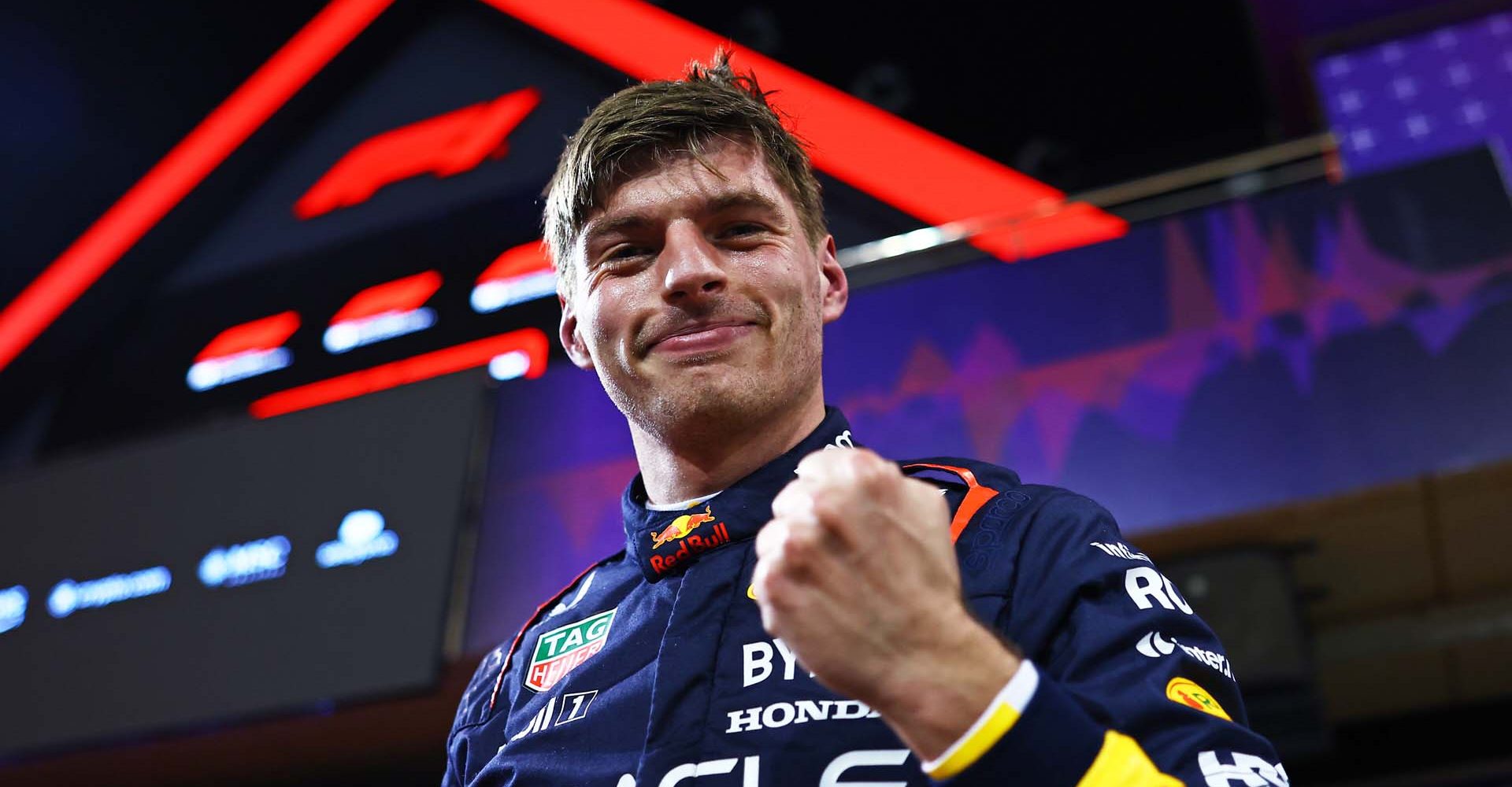 BAHRAIN, BAHRAIN - MARCH 01: Pole position qualifier Max Verstappen of the Netherlands and Oracle Red Bull Racing celebrates in parc ferme during qualifying ahead of the F1 Grand Prix of Bahrain at Bahrain International Circuit on March 01, 2024 in Bahrain, Bahrain. (Photo by Mark Thompson/Getty Images) // Getty Images / Red Bull Content Pool // SI202403010634 // Usage for editorial use only //