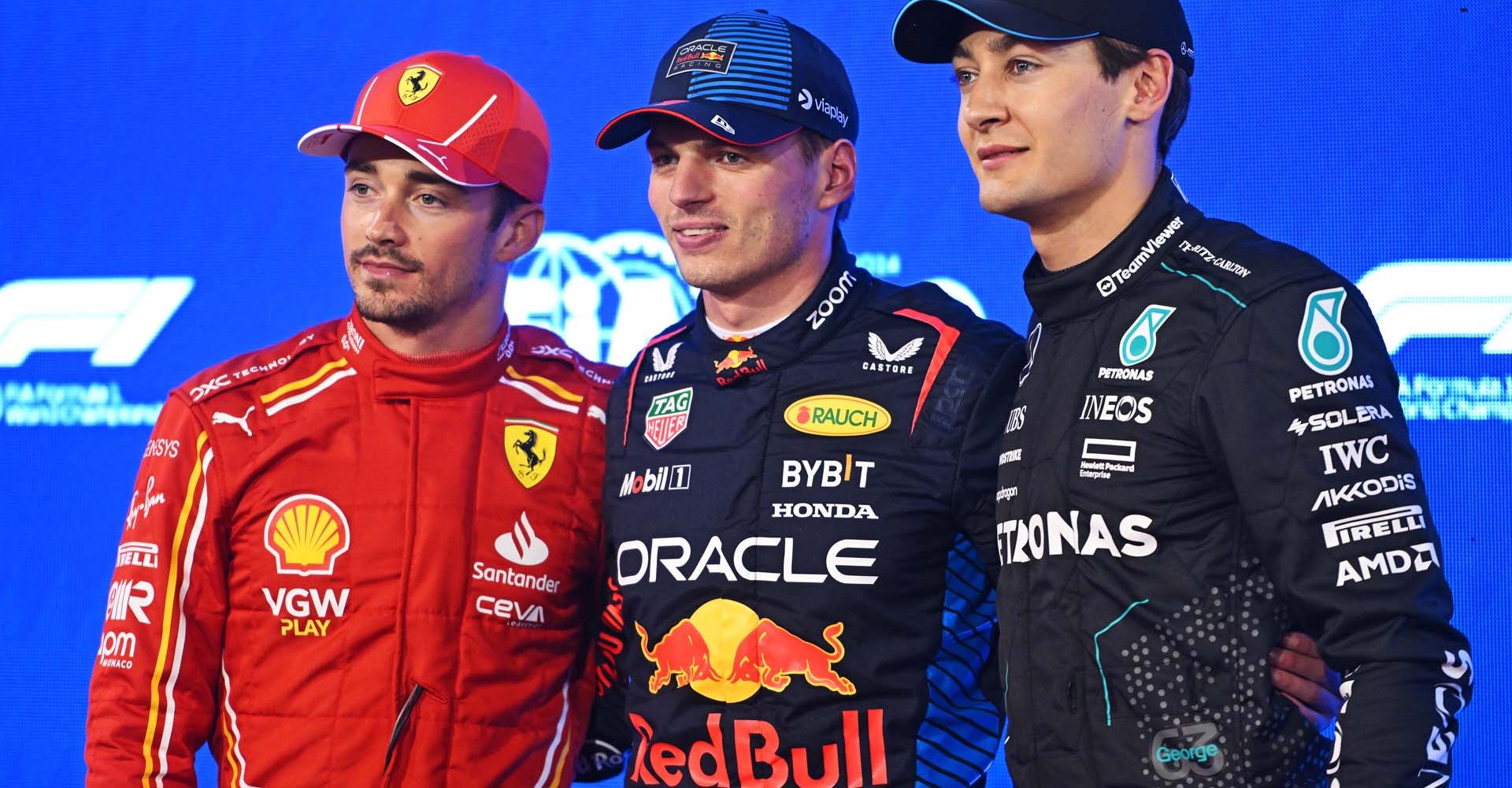 BAHRAIN, BAHRAIN - MARCH 01: Pole position qualifier Max Verstappen of the Netherlands and Oracle Red Bull Racing, Second placed qualifier Charles Leclerc of Monaco and Ferrari and Third placed qualifier George Russell of Great Britain and Mercedes pose for a photo in parc ferme during qualifying ahead of the F1 Grand Prix of Bahrain at Bahrain International Circuit on March 01, 2024 in Bahrain, Bahrain. (Photo by Rudy Carezzevoli/Getty Images) // Getty Images / Red Bull Content Pool // SI202403010667 // Usage for editorial use only //