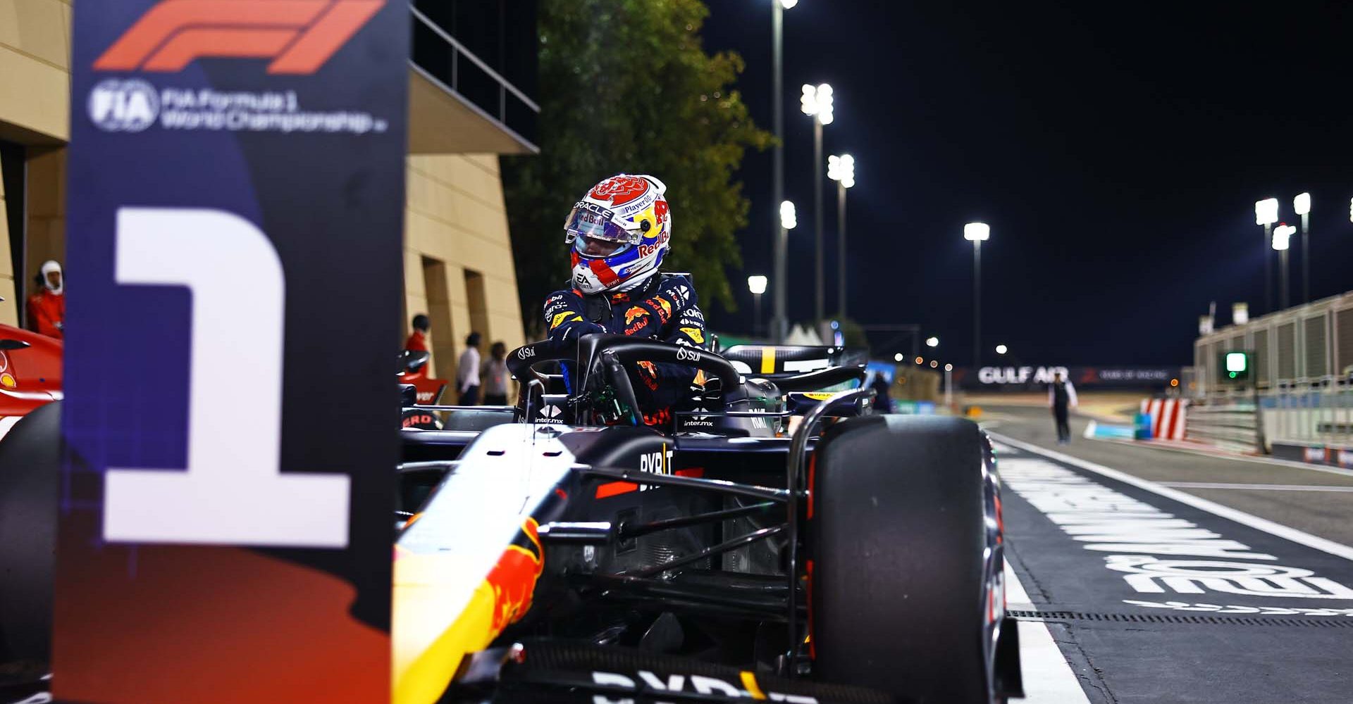 BAHRAIN, BAHRAIN - MARCH 01: Pole position qualifier Max Verstappen of the Netherlands and Oracle Red Bull Racing climbs out of his car in parc ferme during qualifying ahead of the F1 Grand Prix of Bahrain at Bahrain International Circuit on March 01, 2024 in Bahrain, Bahrain. (Photo by Mark Thompson/Getty Images) // Getty Images / Red Bull Content Pool // SI202403010695 // Usage for editorial use only //