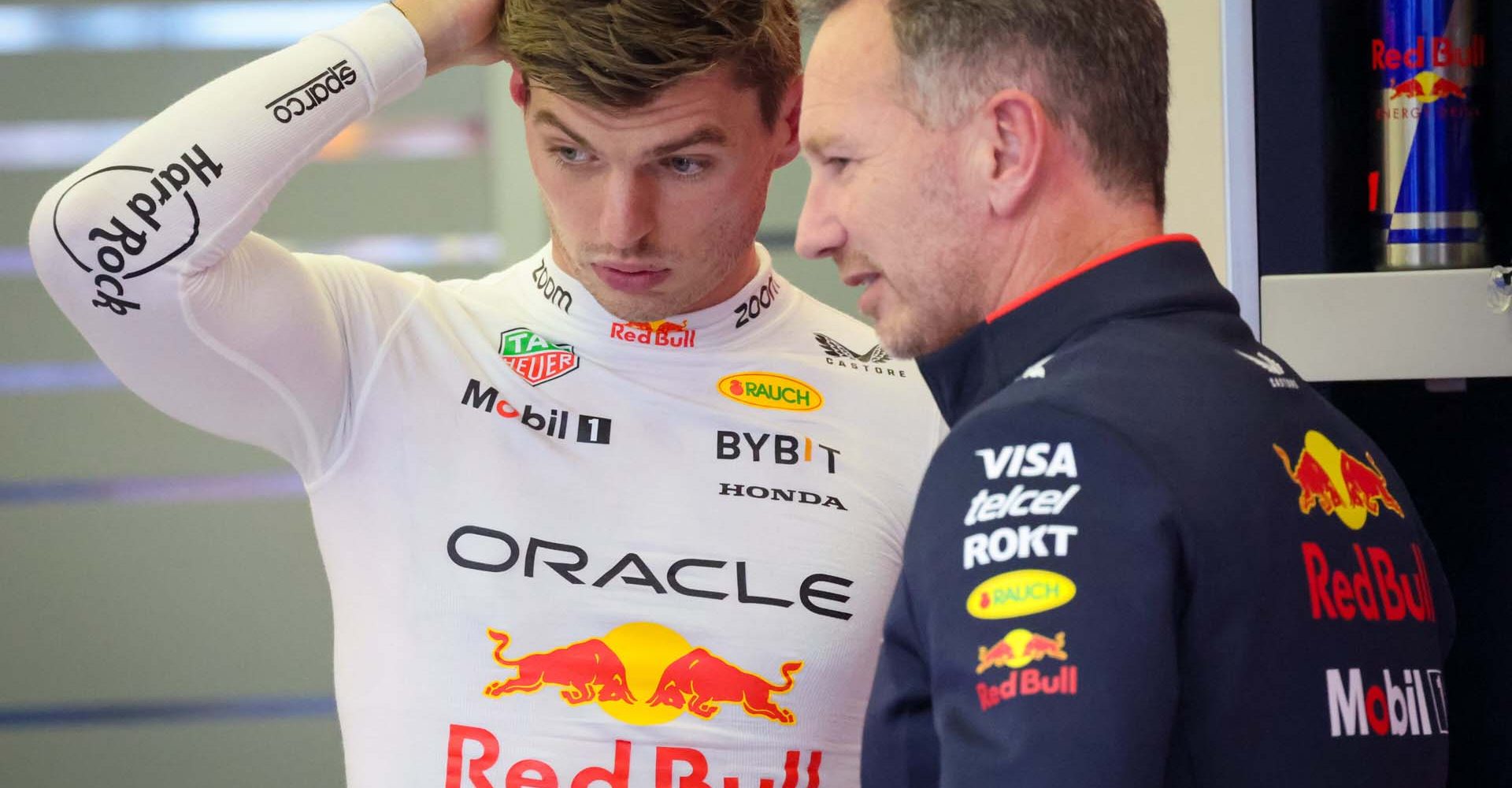 BAHRAIN, BAHRAIN - MARCH 01: Max Verstappen of the Netherlands and Oracle Red Bull Racing talks with Oracle Red Bull Racing Team Principal Christian Horner in the garage during final practice ahead of the F1 Grand Prix of Bahrain at Bahrain International Circuit on March 01, 2024 in Bahrain, Bahrain. (Photo by Bob McCaffrey/Getty Images) // Getty Images / Red Bull Content Pool // SI202403010821 // Usage for editorial use only //