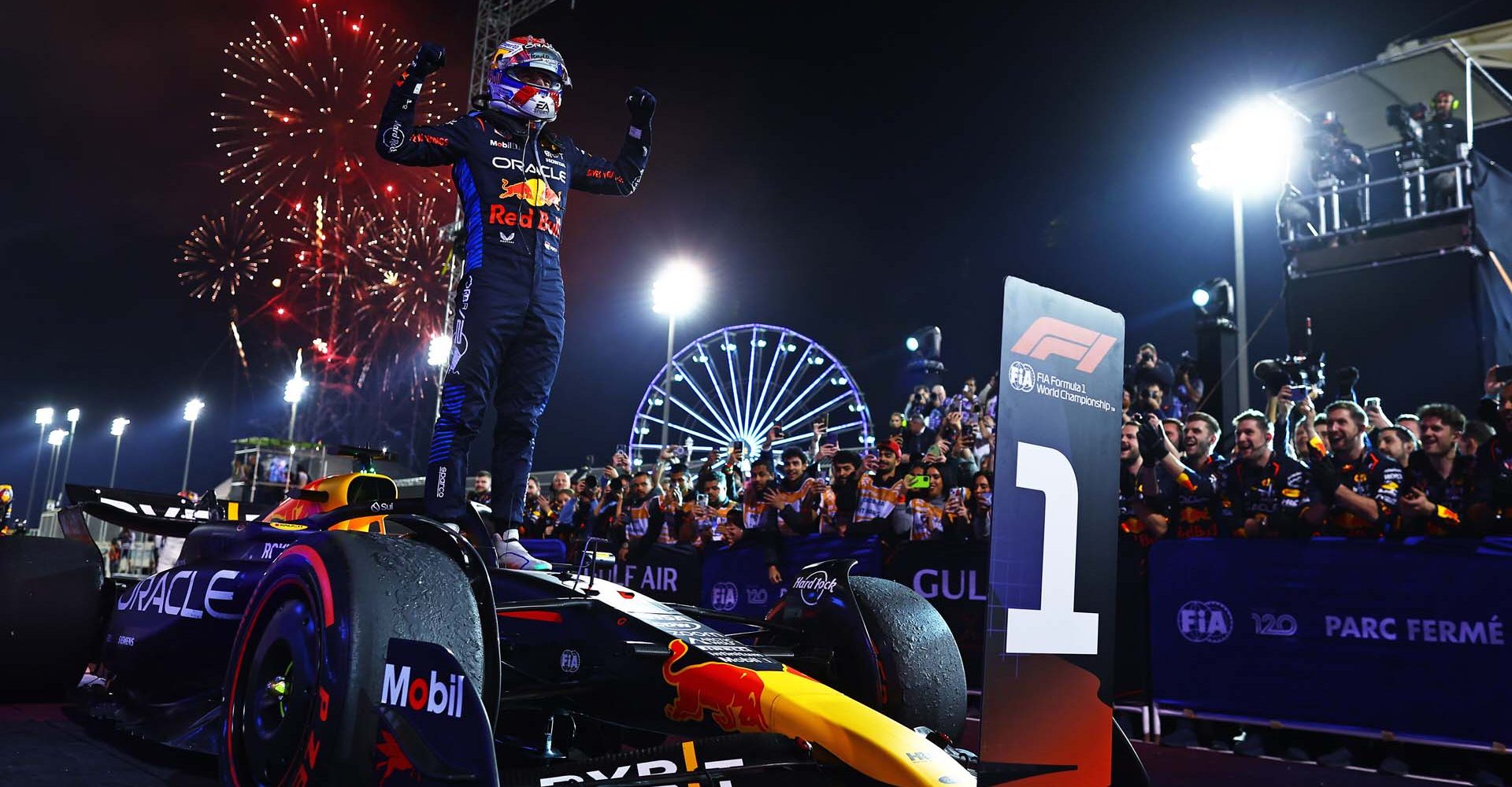 BAHRAIN, BAHRAIN - MARCH 02: Race winner Max Verstappen of the Netherlands and Oracle Red Bull Racing celebrates in parc ferme during the F1 Grand Prix of Bahrain at Bahrain International Circuit on March 02, 2024 in Bahrain, Bahrain. (Photo by Mark Thompson/Getty Images) // Getty Images / Red Bull Content Pool // SI202403020444 // Usage for editorial use only //