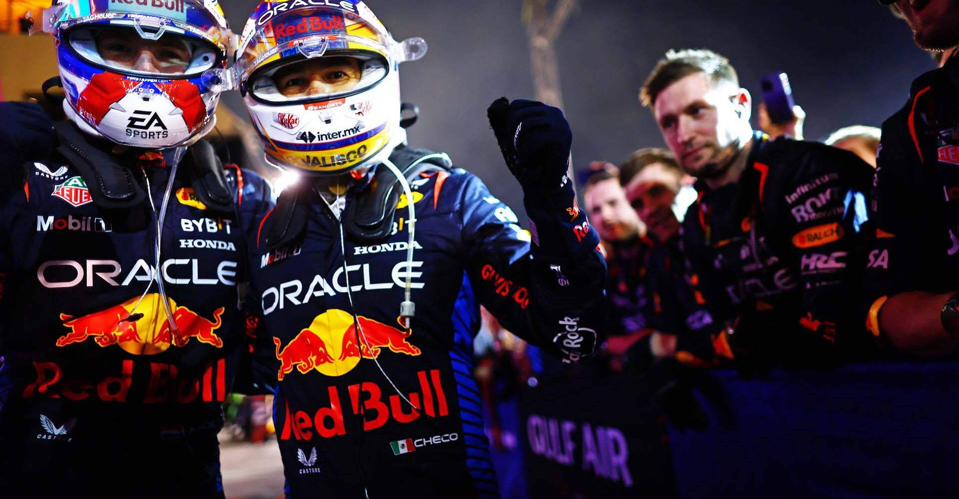 BAHRAIN, BAHRAIN - MARCH 02: Race winner Max Verstappen of the Netherlands and Oracle Red Bull Racing and Second placed Sergio Perez of Mexico and Oracle Red Bull Racing celebrate in parc ferme during the F1 Grand Prix of Bahrain at Bahrain International Circuit on March 02, 2024 in Bahrain, Bahrain. (Photo by Mark Thompson/Getty Images) // Getty Images / Red Bull Content Pool // SI202403020537 // Usage for editorial use only //