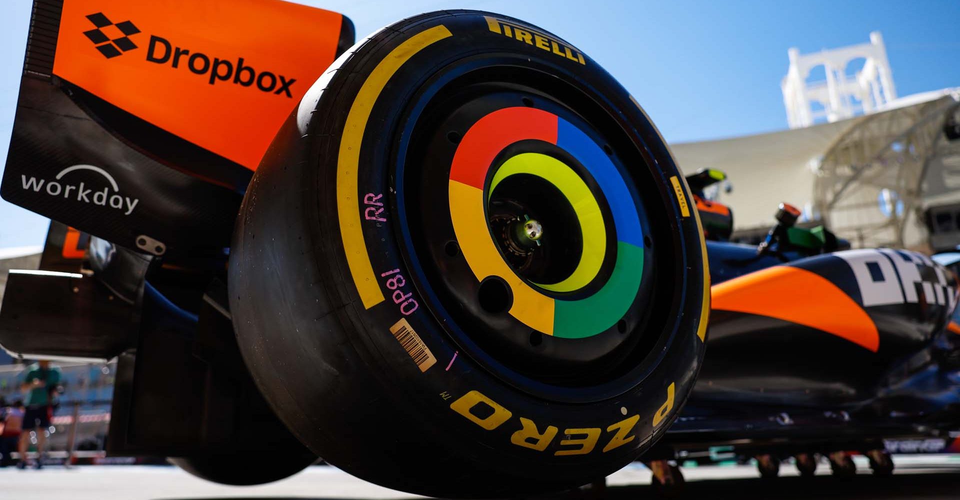 BAHRAIN INTERNATIONAL CIRCUIT, BAHRAIN - FEBRUARY 29: Pirelli tyre and wheel detail on a McLaren MCL38 during the Bahrain GP at Bahrain International Circuit on Thursday February 29, 2024 in Sakhir, Bahrain. (Photo by Steven Tee / LAT Images)