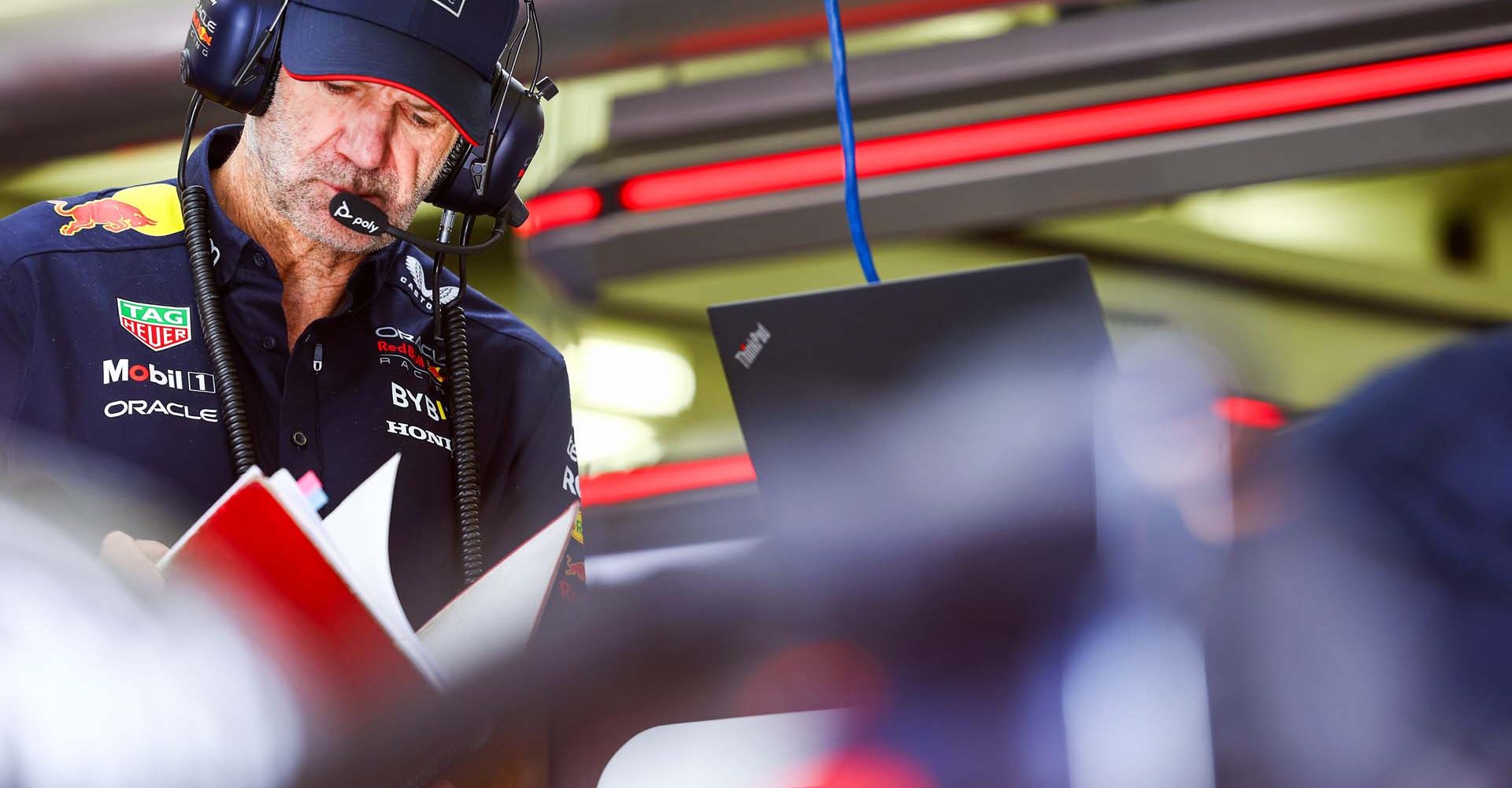 BAHRAIN, BAHRAIN - FEBRUARY 29: Adrian Newey, the Chief Technical Officer of Oracle Red Bull Racing looks on in the garage during practice ahead of the F1 Grand Prix of Bahrain at Bahrain International Circuit on February 29, 2024 in Bahrain, Bahrain. (Photo by Mark Thompson/Getty Images) // Getty Images / Red Bull Content Pool // SI202402290416 // Usage for editorial use only //