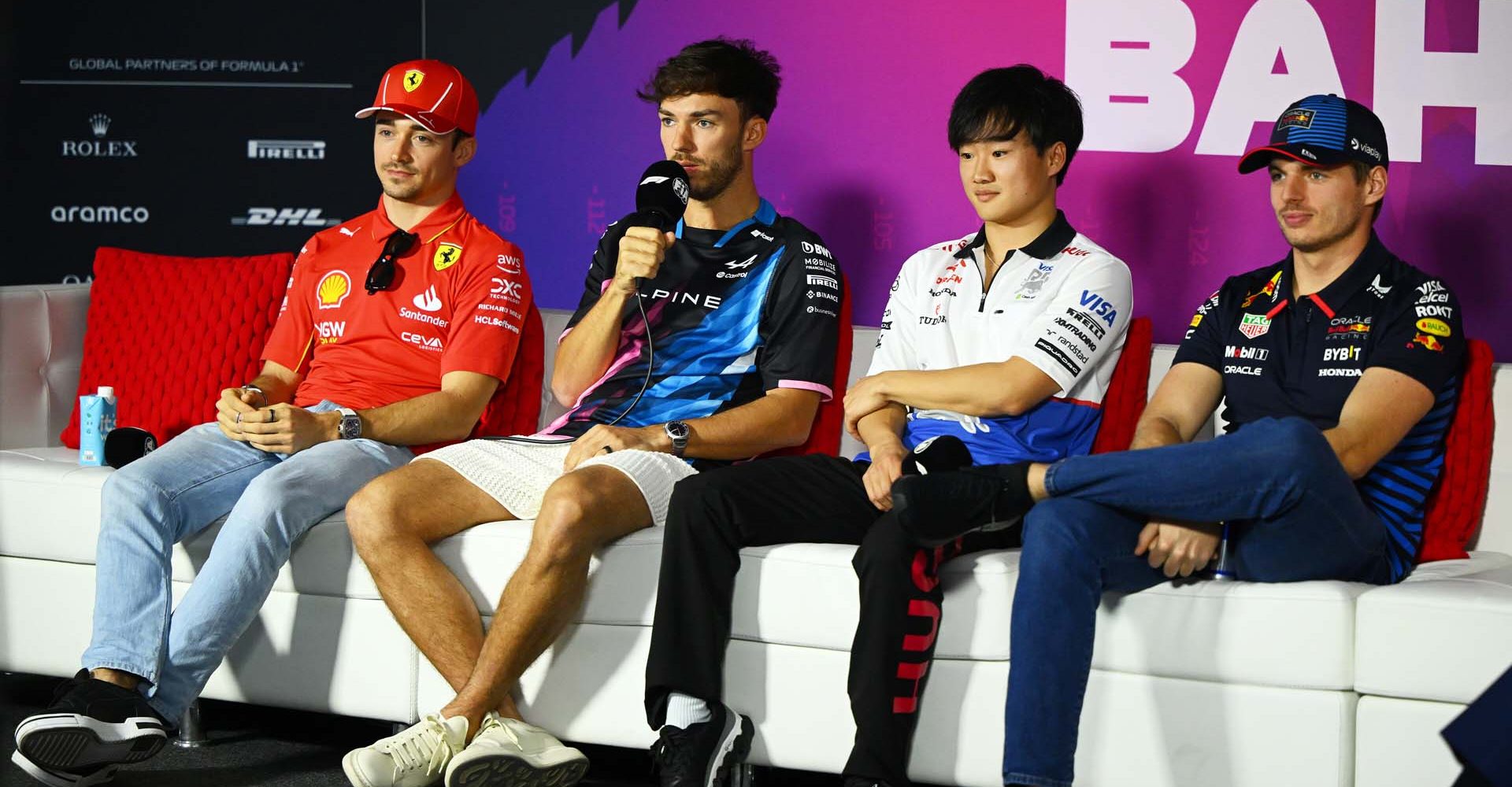 BAHRAIN, BAHRAIN - FEBRUARY 23: Charles Leclerc of Monaco and Ferrari, Pierre Gasly of France and Alpine F1, Yuki Tsunoda of Japan and Visa Cash App RB and Max Verstappen of the Netherlands and Oracle Red Bull Racing attend the Drivers Press Conference during day three of F1 Testing at Bahrain International Circuit on February 23, 2024 in Bahrain, Bahrain. (Photo by Clive Mason/Getty Images) // Getty Images / Red Bull Content Pool // SI202402230682 // Usage for editorial use only //