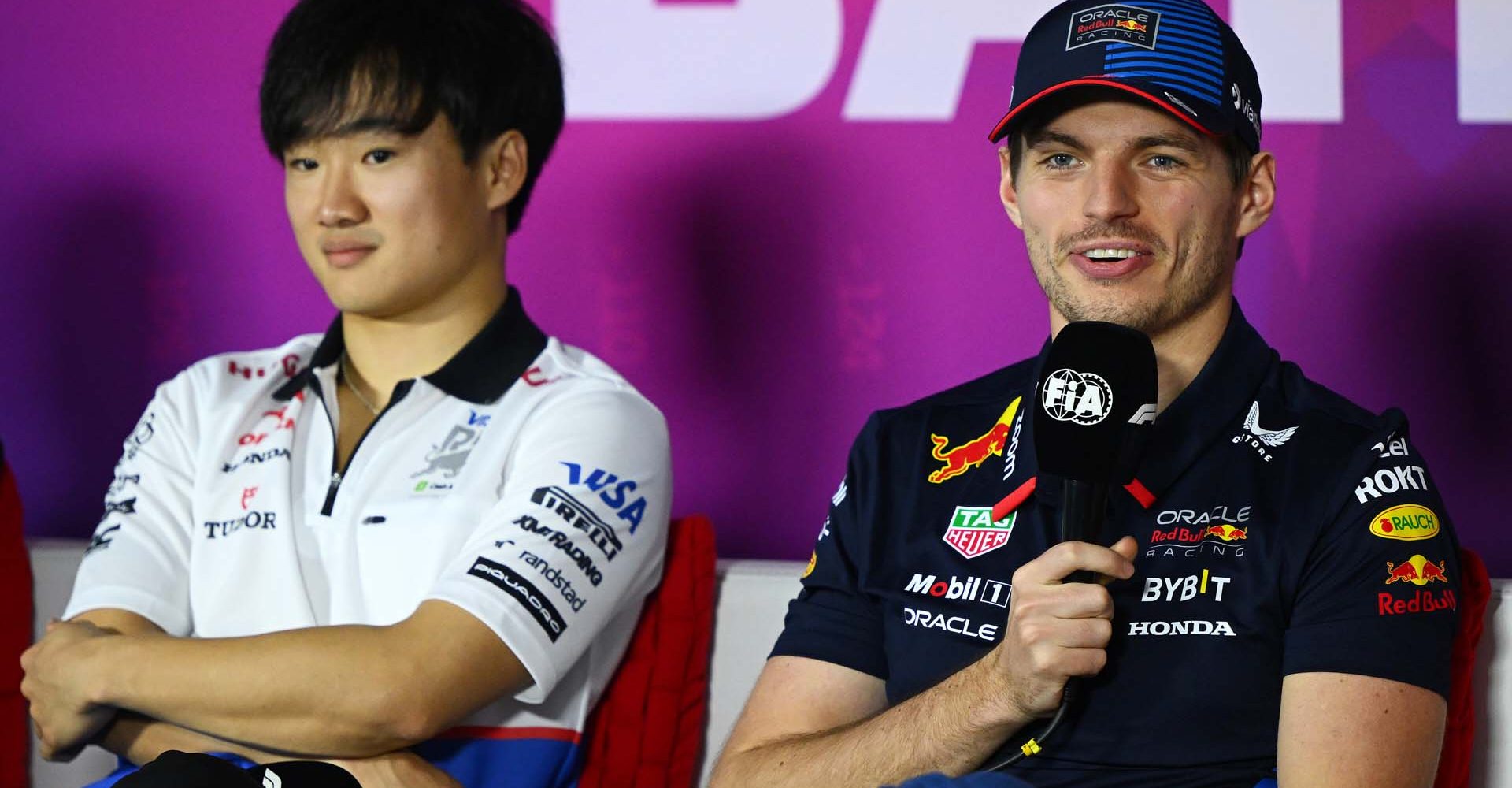 BAHRAIN, BAHRAIN - FEBRUARY 23: Yuki Tsunoda of Japan and Visa Cash App RB and Max Verstappen of the Netherlands and Oracle Red Bull Racing attend the Drivers Press Conference during day three of F1 Testing at Bahrain International Circuit on February 23, 2024 in Bahrain, Bahrain. (Photo by Clive Mason/Getty Images) // Getty Images / Red Bull Content Pool // SI202402230685 // Usage for editorial use only //