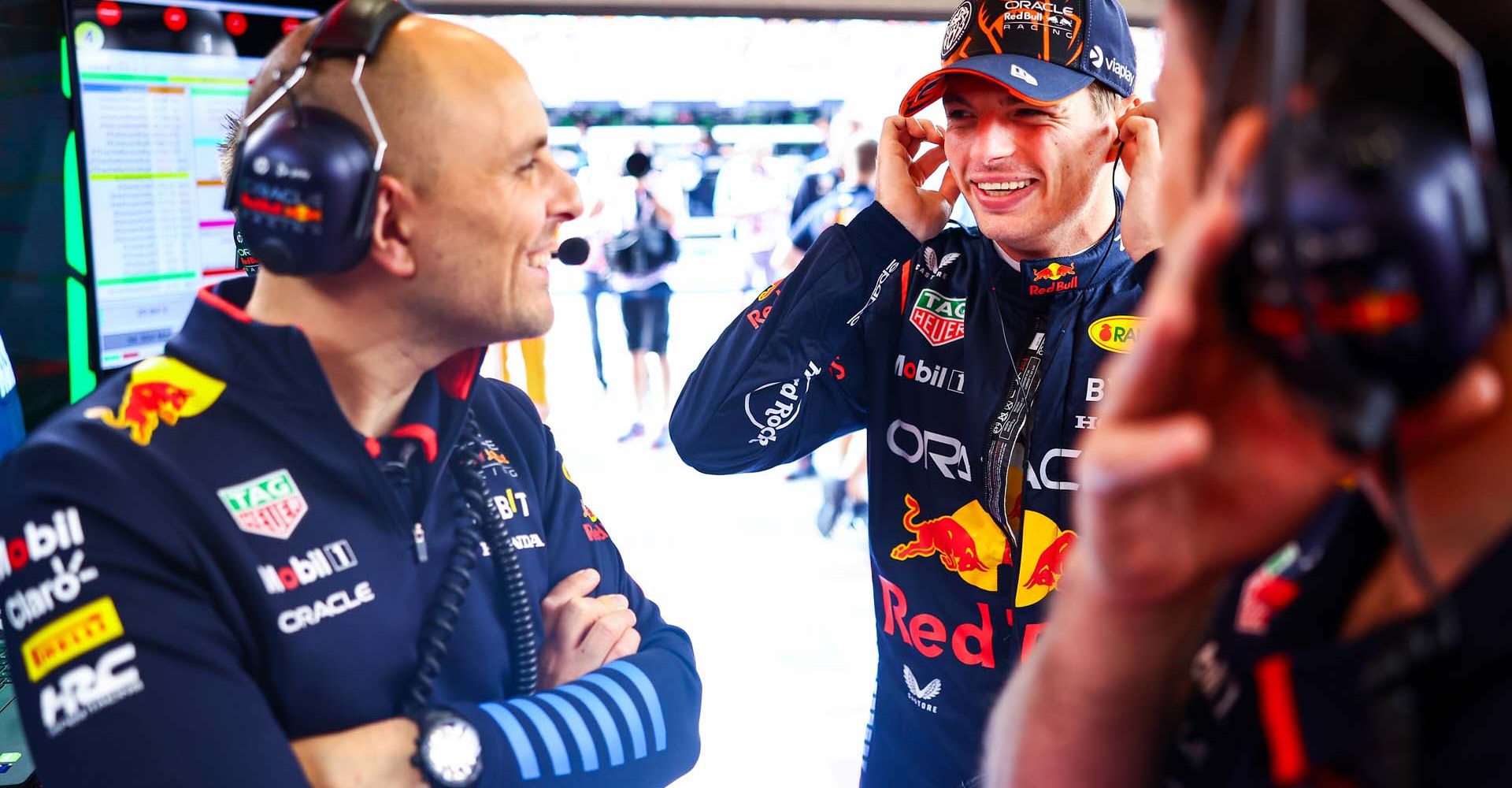 SPA, BELGIUM - JULY 26: Max Verstappen of the Netherlands and Oracle Red Bull Racing talks with race engineer Gianpiero Lambiase in the garage prior to practice ahead of the F1 Grand Prix of Belgium at Circuit de Spa-Francorchamps on July 26, 2024 in Spa, Belgium. (Photo by Mark Thompson/Getty Images) // Getty Images / Red Bull Content Pool // SI202407260662 // Usage for editorial use only //