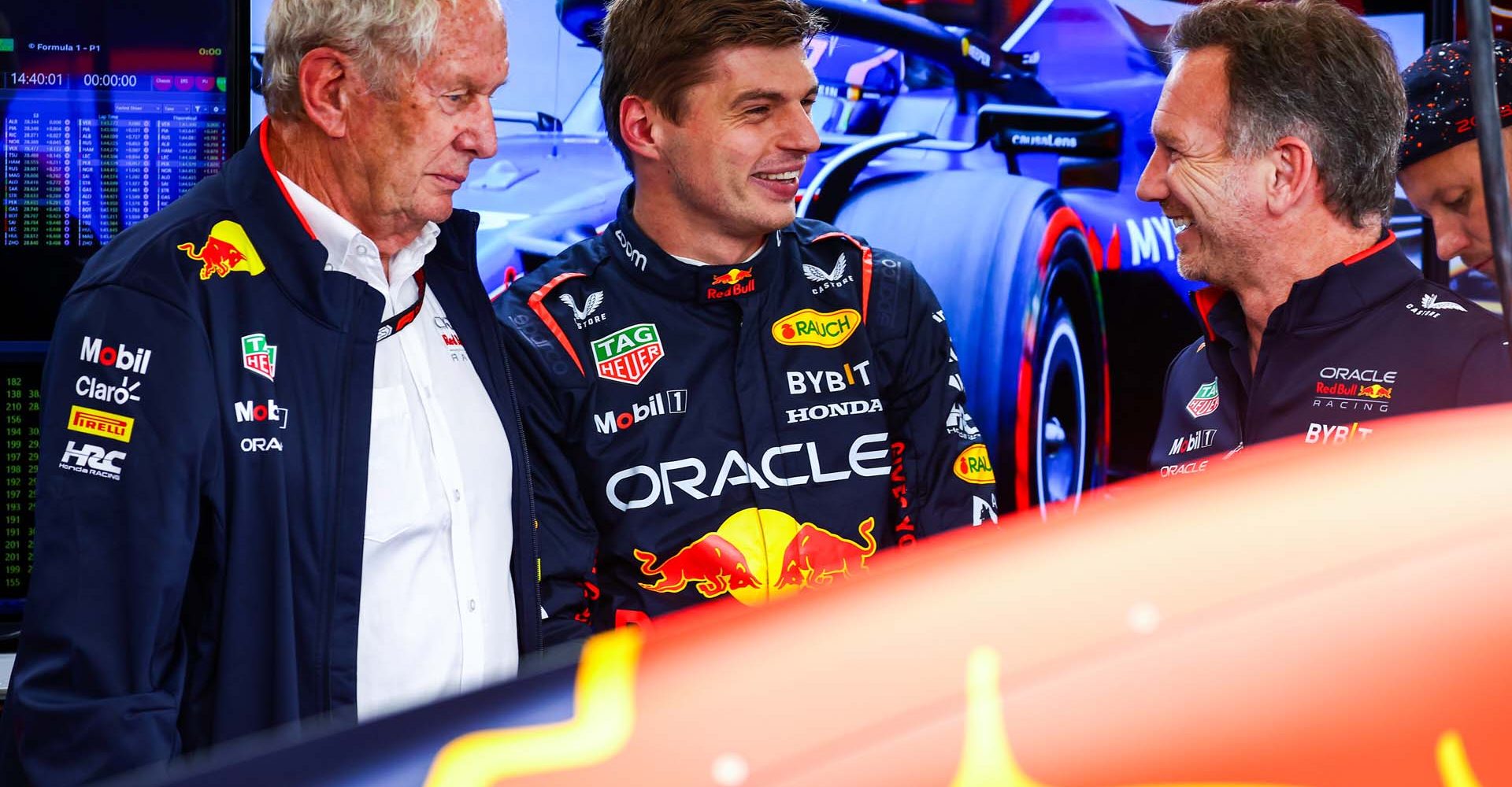 SPA, BELGIUM - JULY 26: Max Verstappen of the Netherlands and Oracle Red Bull Racing laughs in the garage with Oracle Red Bull Racing Team Principal Christian Horner and Oracle Red Bull Racing Team Consultant Dr Helmut Marko during practice ahead of the F1 Grand Prix of Belgium at Circuit de Spa-Francorchamps on July 26, 2024 in Spa, Belgium. (Photo by Mark Thompson/Getty Images) // Getty Images / Red Bull Content Pool // SI202407260840 // Usage for editorial use only //