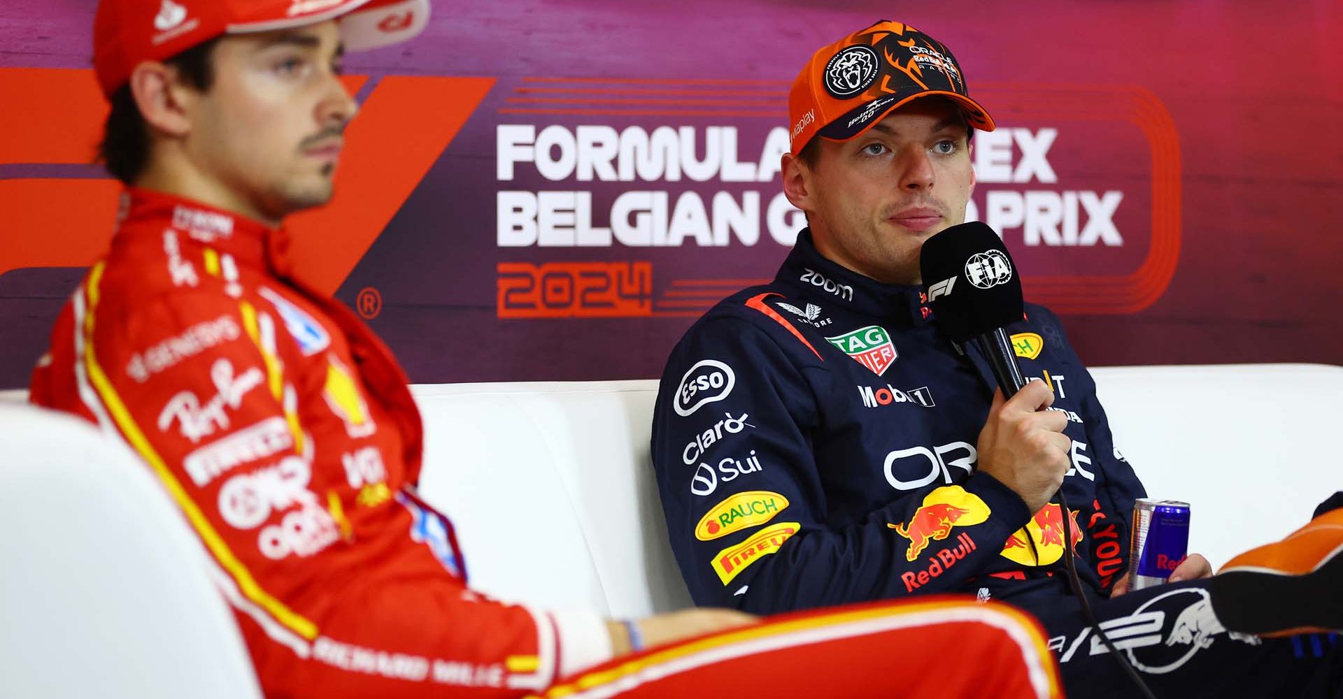 SPA, BELGIUM - JULY 27: Pole position qualifier Max Verstappen of the Netherlands and Oracle Red Bull Racing and Second placed Charles Leclerc of Monaco and Ferrari attend the press conference after qualifying ahead of the F1 Grand Prix of Belgium at Circuit de Spa-Francorchamps on July 27, 2024 in Spa, Belgium. (Photo by Bryn Lennon/Getty Images) // Getty Images / Red Bull Content Pool // SI202407270388 // Usage for editorial use only //