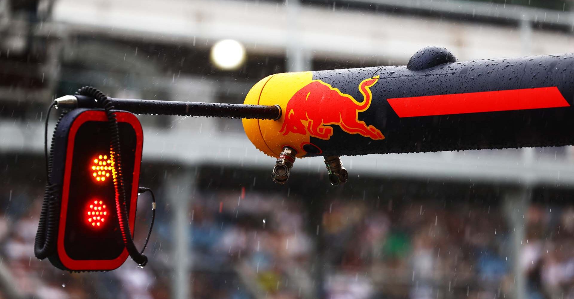 SAO PAULO, BRAZIL - NOVEMBER 02: Rain falls outside the Oracle Red Bull Racing garage prior to qualifying ahead of the F1 Grand Prix of Brazil at Autodromo Jose Carlos Pace on November 02, 2024 in Sao Paulo, Brazil. (Photo by Mark Thompson/Getty Images) // Getty Images / Red Bull Content Pool // SI202411020444 // Usage for editorial use only //